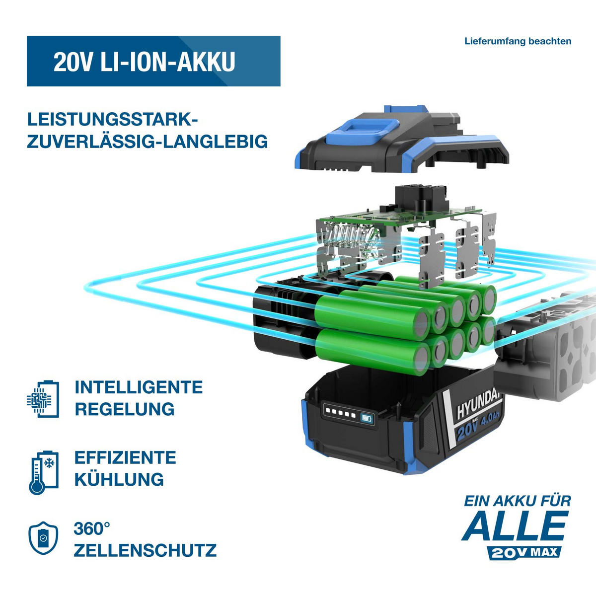 AKKU-HECKENSCHERE HT2051LI (20V, 51cm Schnittlänge, 20 mm Schnittstärke, ohne Akku und Ladegerät - Blau, Kunststoff (20/20.5/90cm) - Hyundai