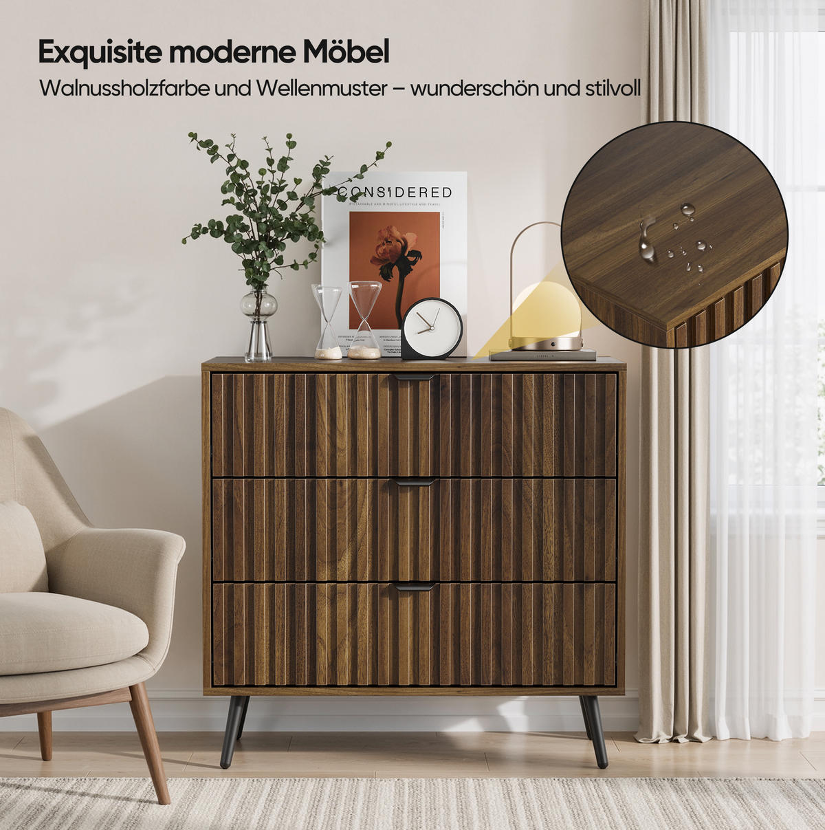 KOMMODE 80/39/78 cm aus MDF mit 3 Schubladen und Metallbeinen Walnuss - Walnussfarben, Holzwerkstoff (80/78/38cm) - Modenvie