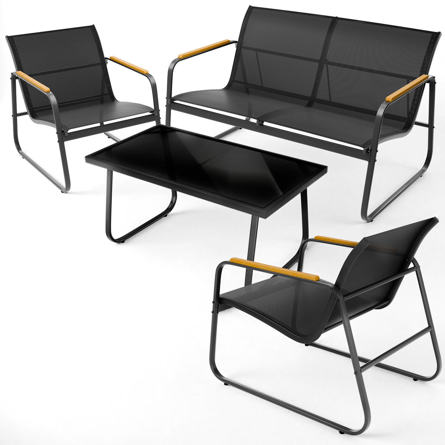GARTENMÖBEL 4er Set, 2 Sessel 1 Tisch und 1 Bank, Anthrazit - Anthrazit, Metall - Blumtal