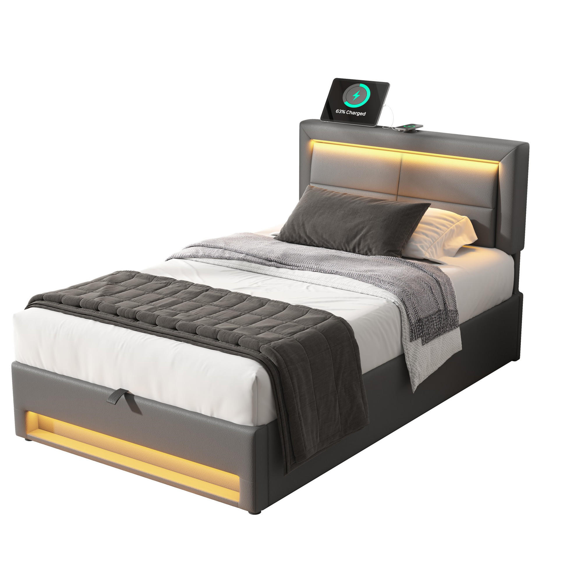 POLSTERBETT 90/200 cm mit USB-Ladefunktion, LED-Beleuchtung und Bettkasten, PU, Grau - Grau, Kunststoff (90/200cm) - Redom