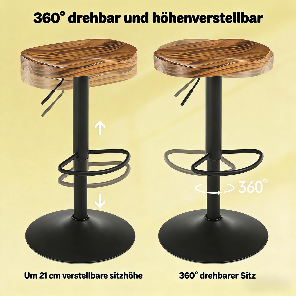 BARHOCKER Rustik Braun 1er-Set Drehbar Höhenverstellbar aus Massivholz - Wildeiche, Holz (41.5/81/31.5cm) - PANGIVO