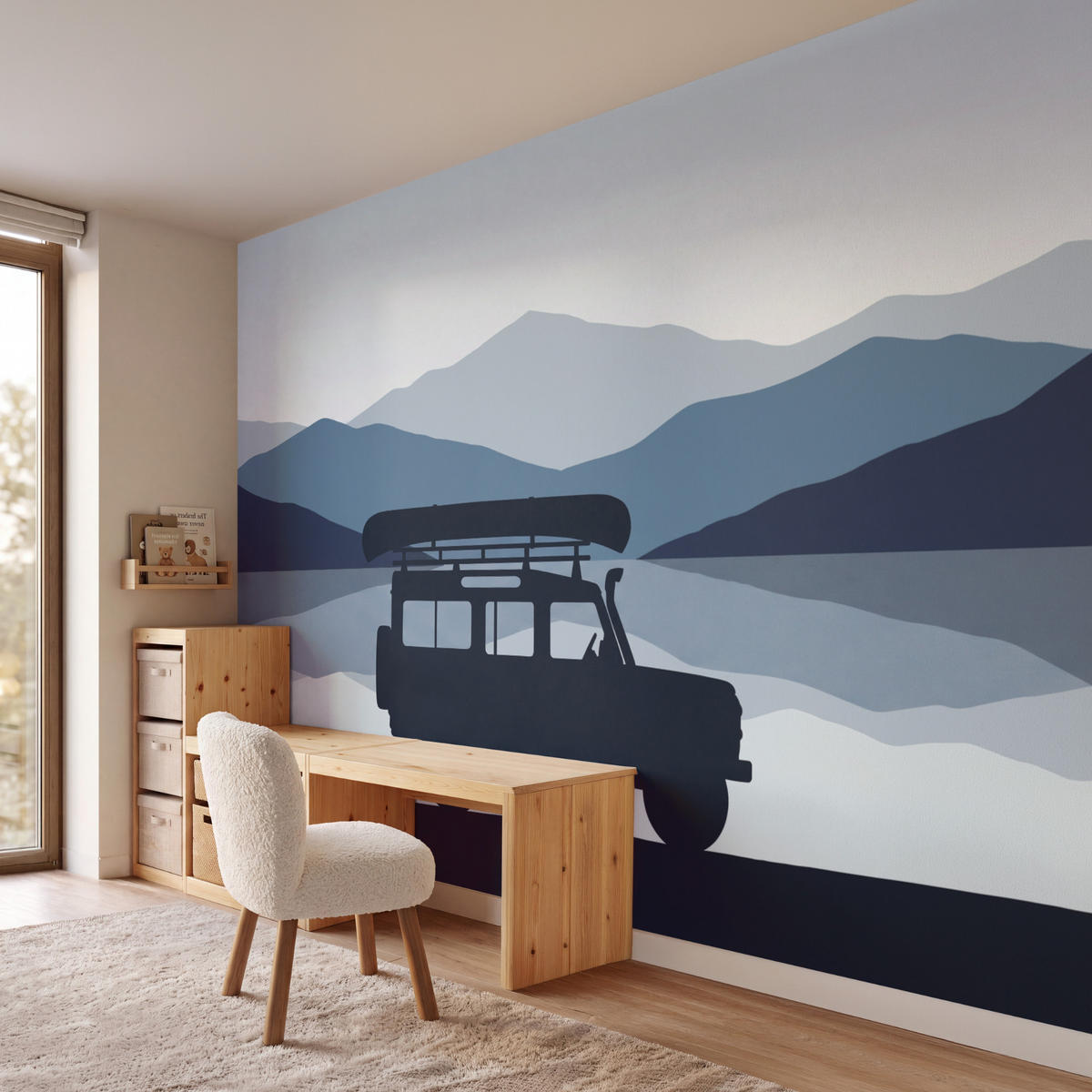 KINDERTAPETE - Auto - See - Berge - Blau - 350x240 cm - Blaugrau, Papier (350/240cm) - OnlyWow