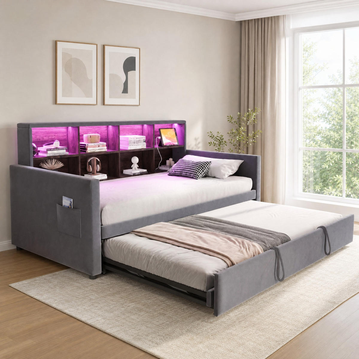 POLSTERBETT 90/190 cm aus Samt mit Stauraum, Grau - Grau, Textil (90/190cm) - OKMYHOME