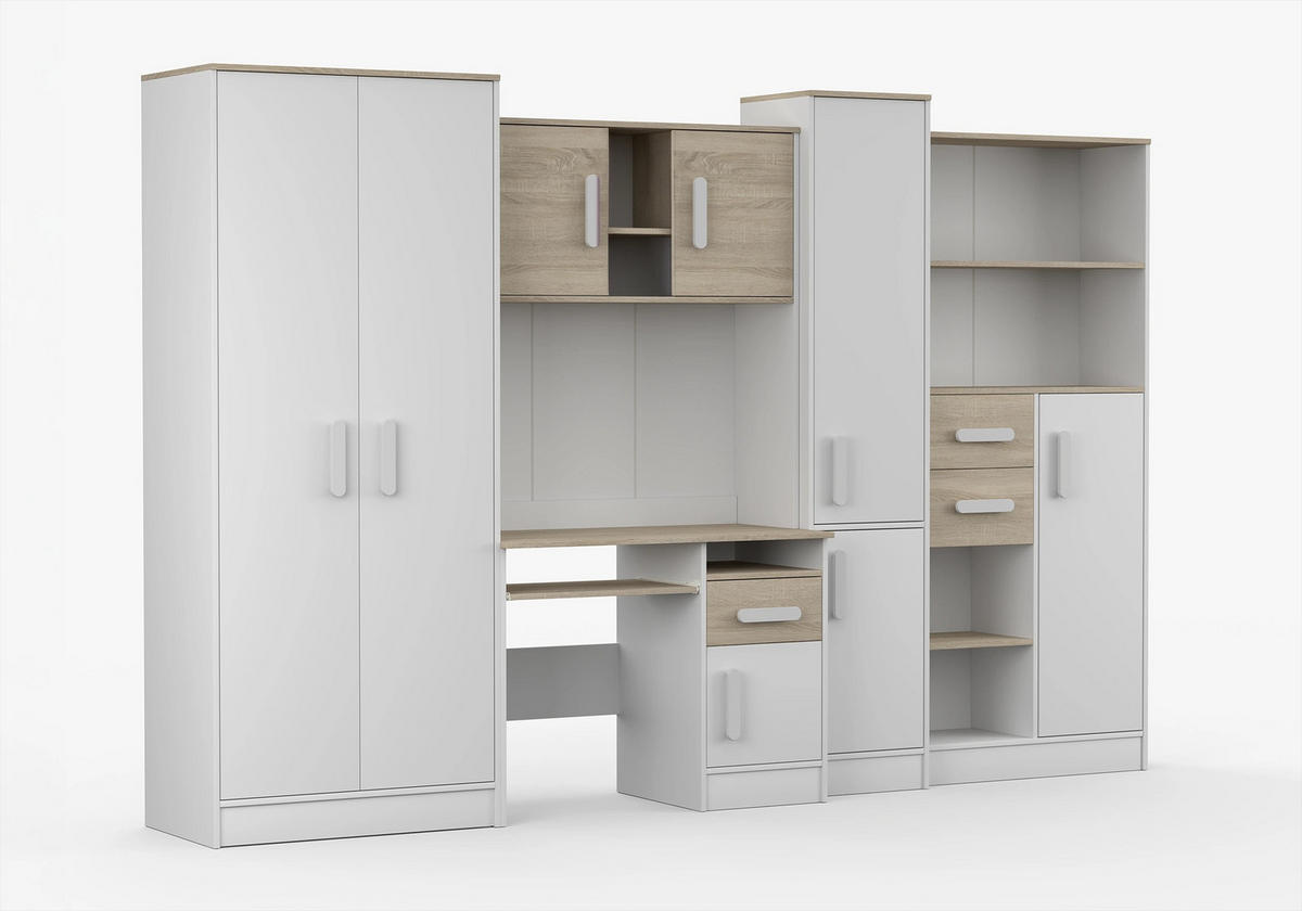 JUGENDZIMMER Wohnwand Colorino in Weiß und Eiche Sonoma – mit weißen Griffen 5 teilig - Kinderzimmer Komplett - Weiß, Holzwerkstoff (80/200/120cm)
