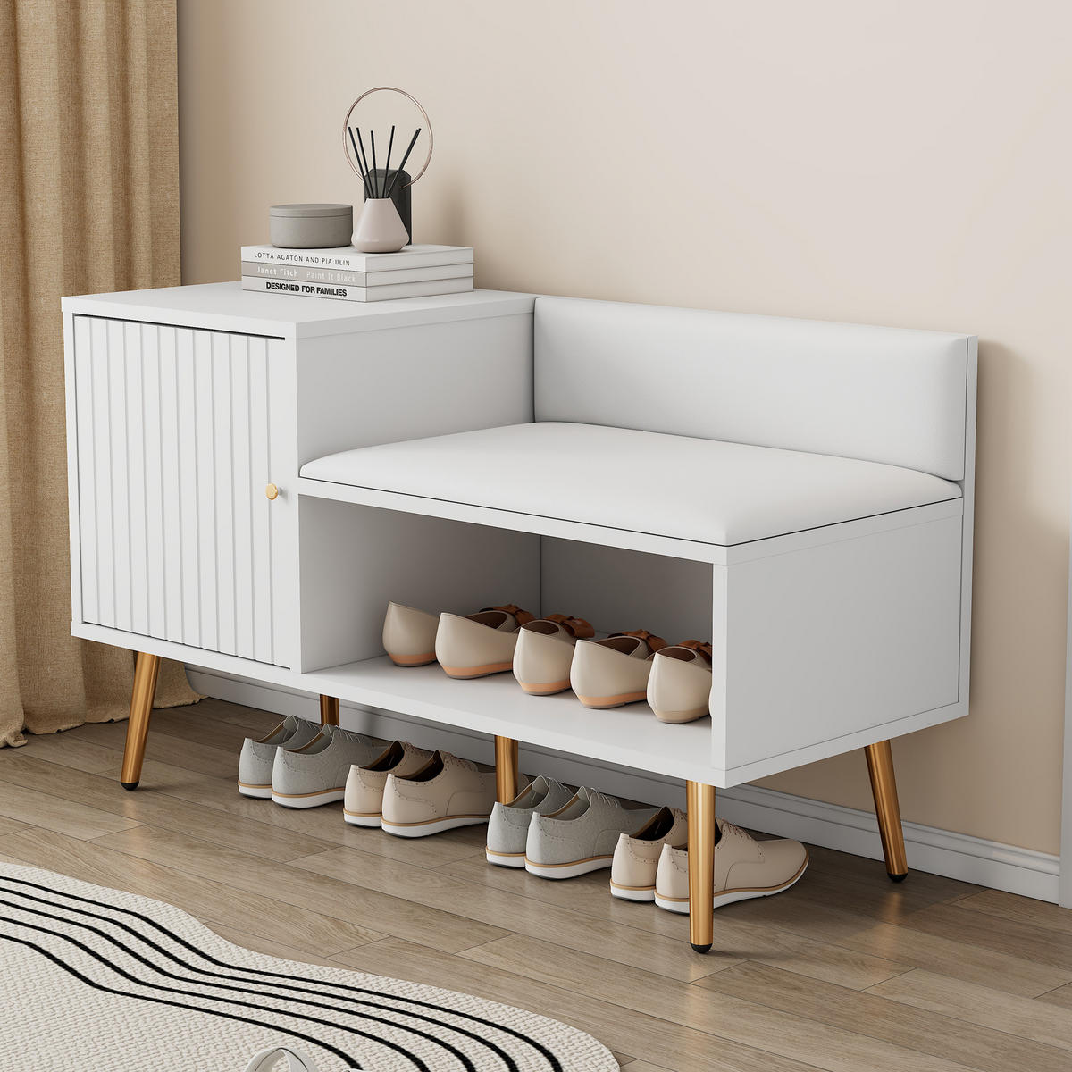 SCHUHSCHRANK in Weiß Schuhkommode mit Stauraum gepolsterter Sitzbank Rückenlehne Metallgriffe Eingangsbereich, B100/T40/H58cm - Goldfarben/Weiß, Holzwerkstoff/Metall (100/58/38cm) - STILVORA