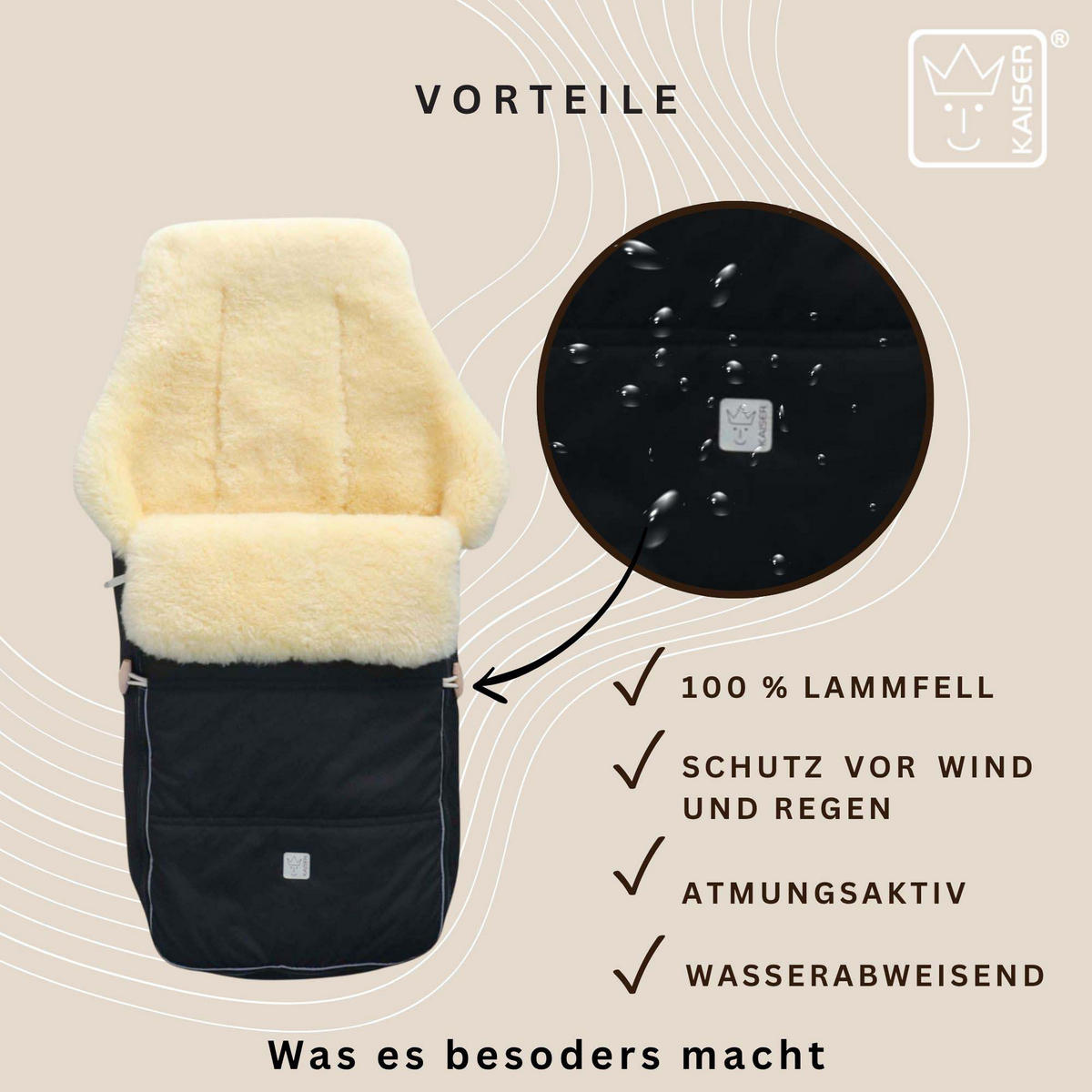 LAMMFELL-FUSSSACK Dublas 2.0, black - Schwarz, Fell (45/95cm) - Kaiserbaby