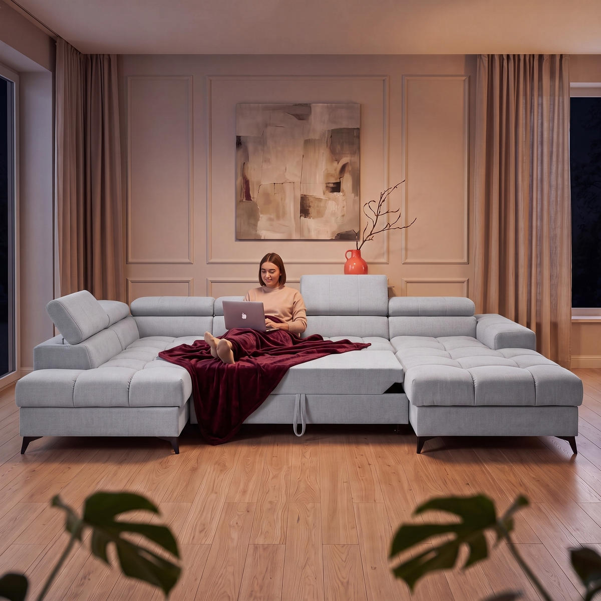 ECKSOFA PUDDING U Rechts mit Schlaffunktion 125x260 Velours Hellgrau - Hellgrau/Schwarz, Holz/Textil (350/203cm) - Muffo