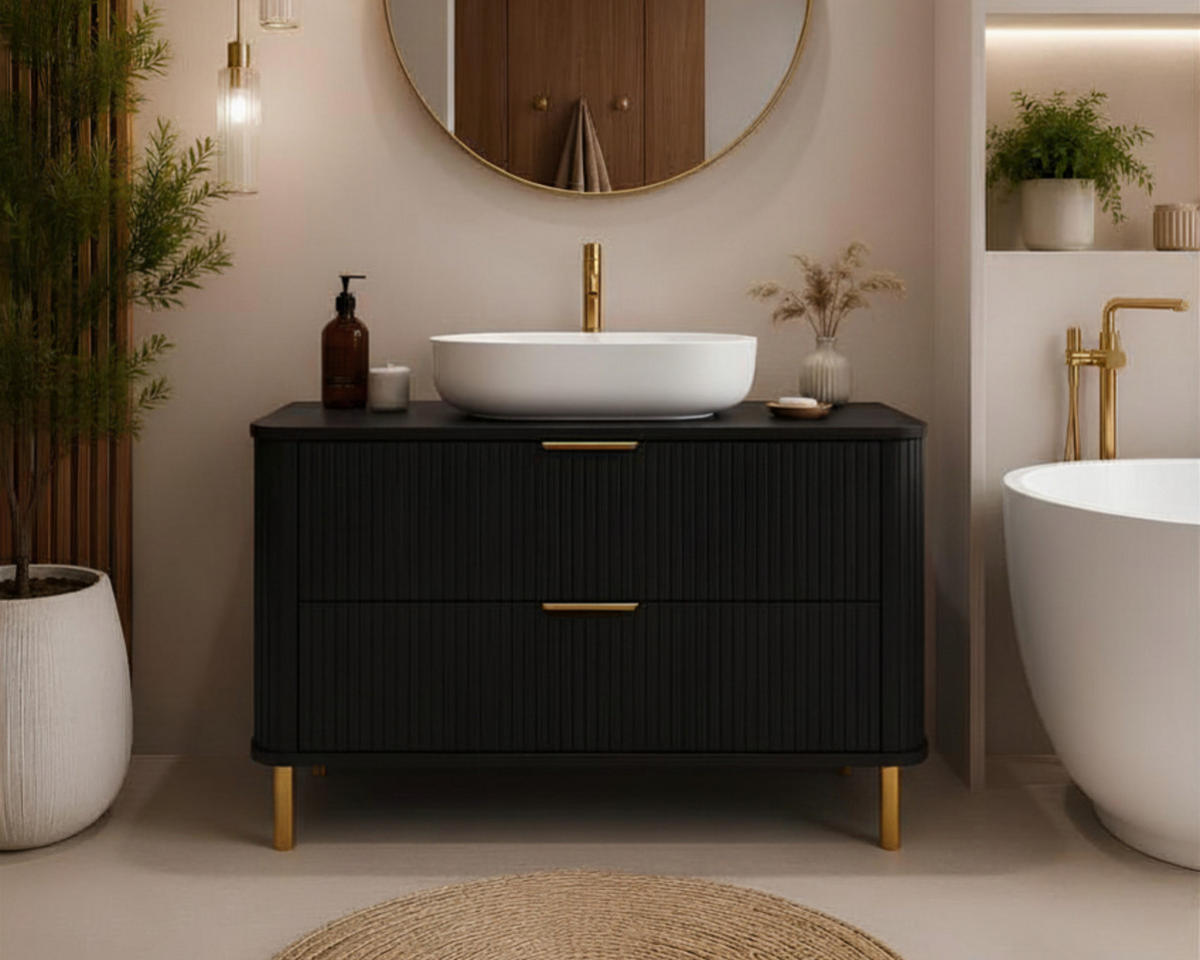BADEZIMMERSCHRANK : Farbe Schwarz, Griff gold, Füße gold, 100 x 41,5 x 66,7 cm - Goldfarben/Schwarz, Holzwerkstoff (100/66.7/41.5cm) - 3XE LIVING