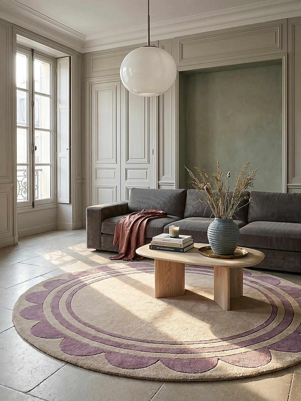 WOLLTEPPICH WENSUM, mit grafischem Muster mit Rahmen, Lila-Beige, Ø 120 cm - Lila, Textil (120/120cm) - KADIMA DESIGN