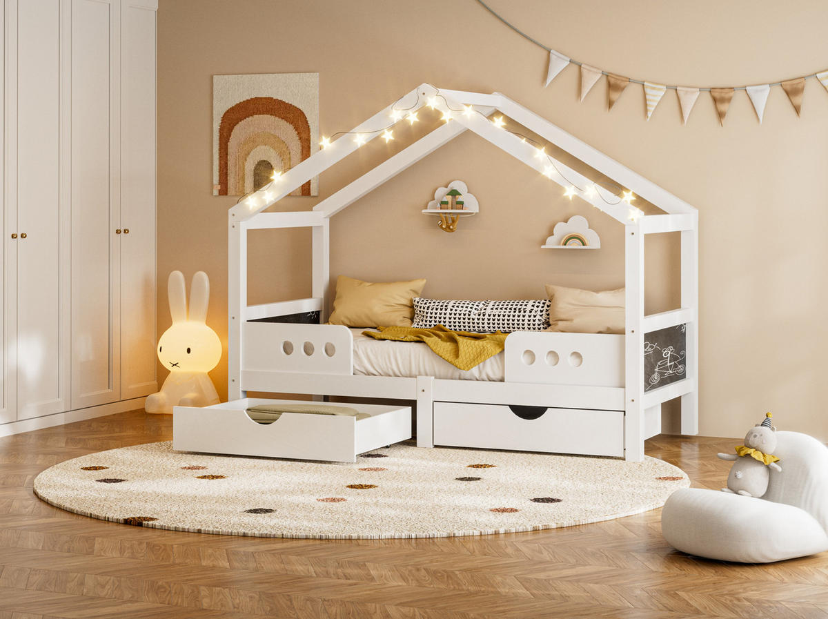 KINDERBETT 90/200 cm mit Dachdesign, Tafel und 2 Schubladen aus Holz und MDF, Weiß - Weiß, Holz (90/200cm) - Redom