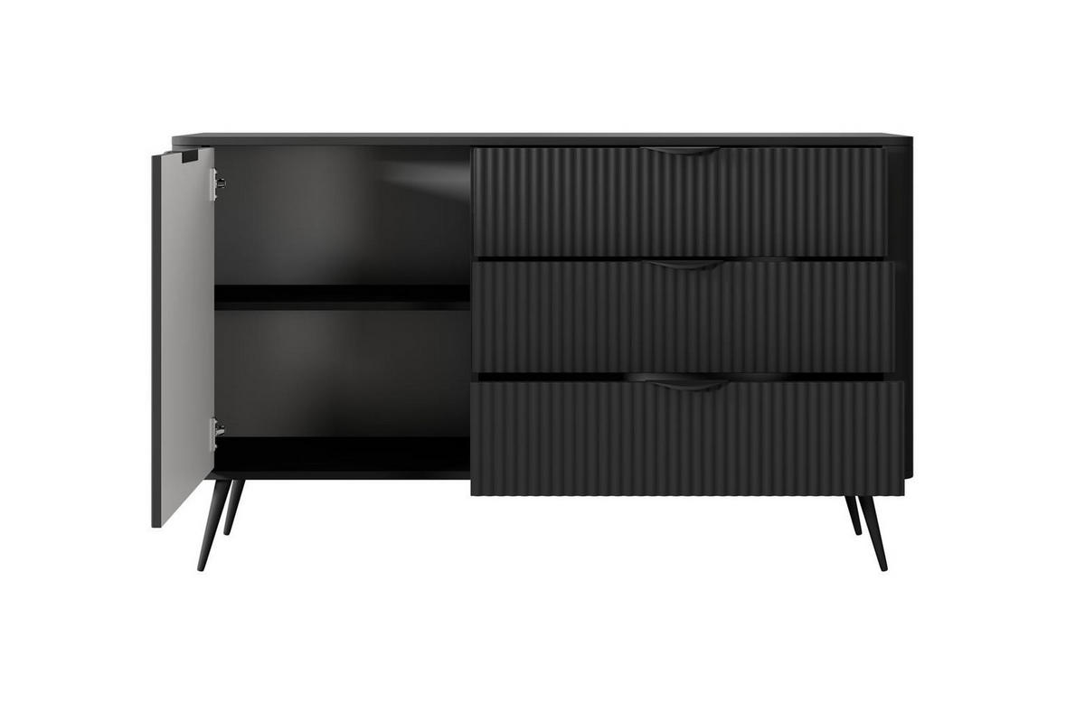 KOMMODE Lante, Schwarz, Eintürig, Drei Schubladen, Geriffelte Fronten - Schwarz, Holzwerkstoff (138/81/38cm) - Bettso