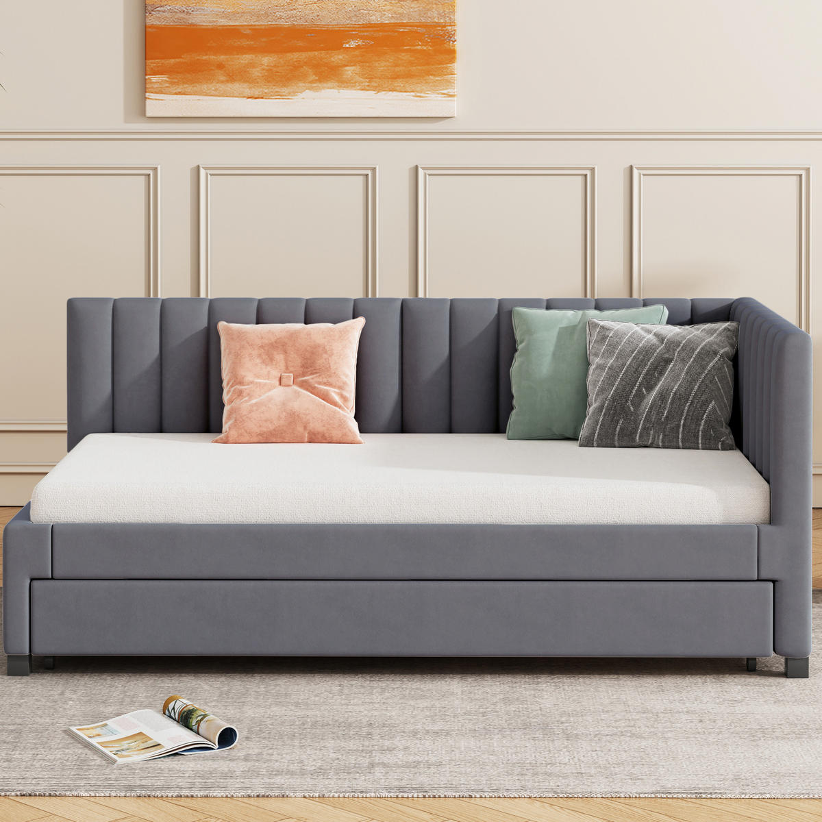 POLSTERBETT 90/200 cm Grau aus Samt mit Lattenrost - Grau, Textil (90/200cm) - Flora Grace