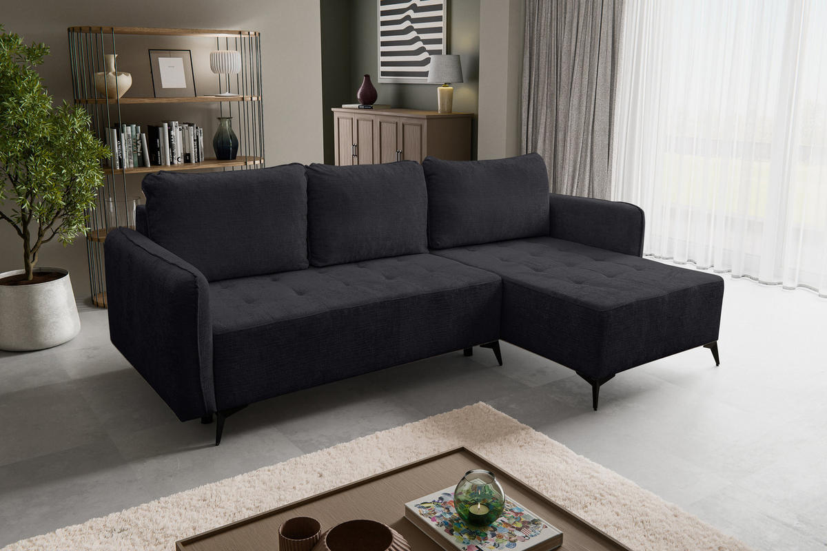 ECKSOFA Lucky in L-Form mit Schlaffunktion und Bettkasten, Farbe: Schwarz, Strukturstoff, Ottomane Links oder Rechts - Schwarz, Textil (275/160cm) - VENASI MÖBEL