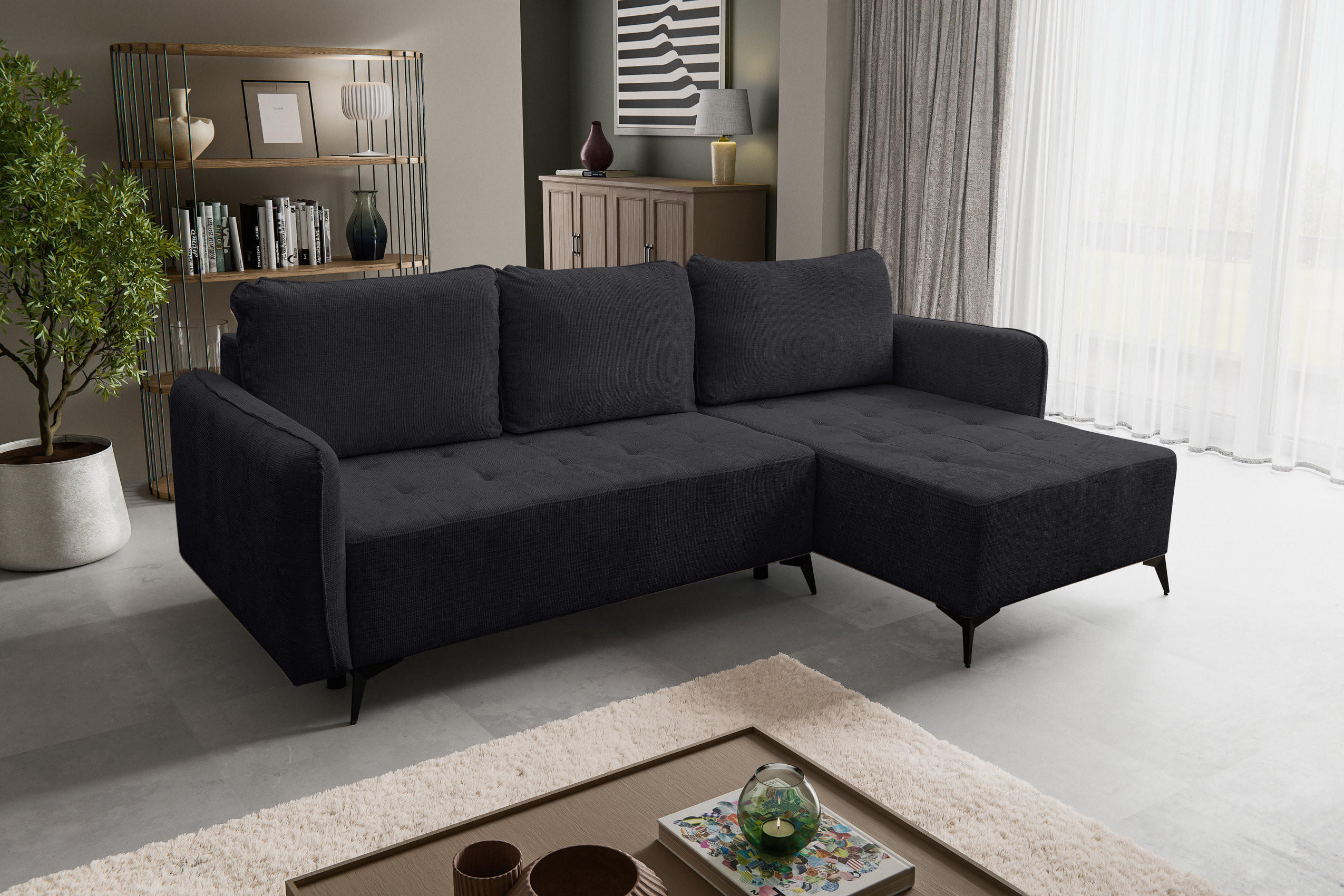 Thumbnail - Venasi Möbel Ecksofa, Schwarz, Textil, 3-Sitzer, L-Form, Ottomane rechts, 275x160 cm, Wohnzimmer, Sofas & Couches, Wohnl...