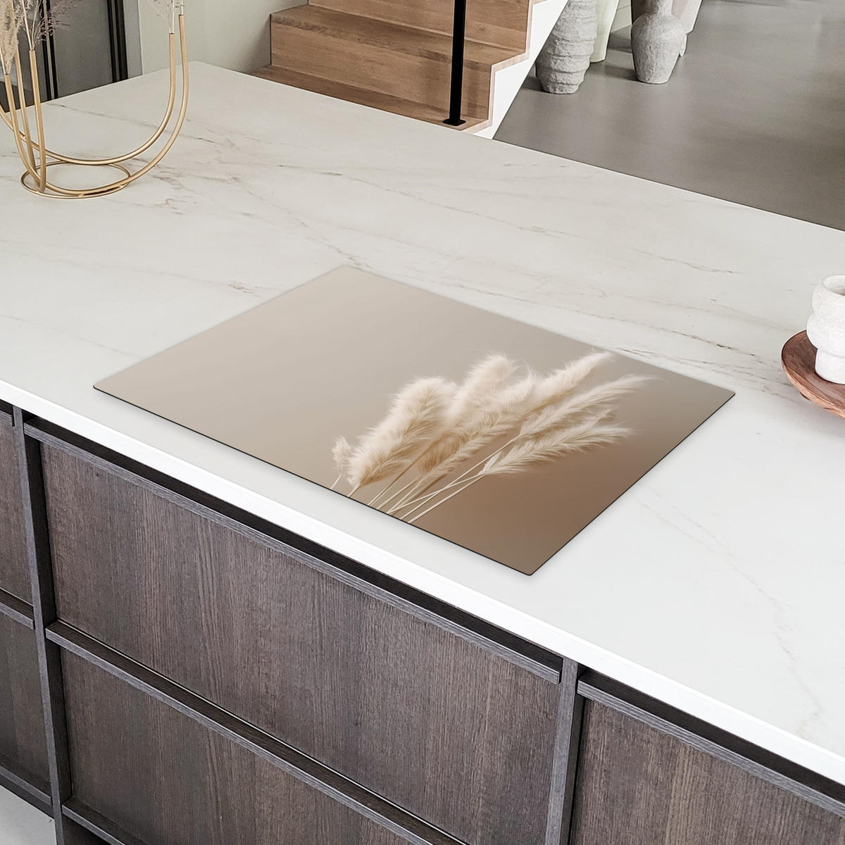 HERDABDECKPLATTE Pampasgras - Federn - Pastell - Weiß 78x52 cm - Creme, Kunststoff (78/52/0.2cm) - MuchoWow