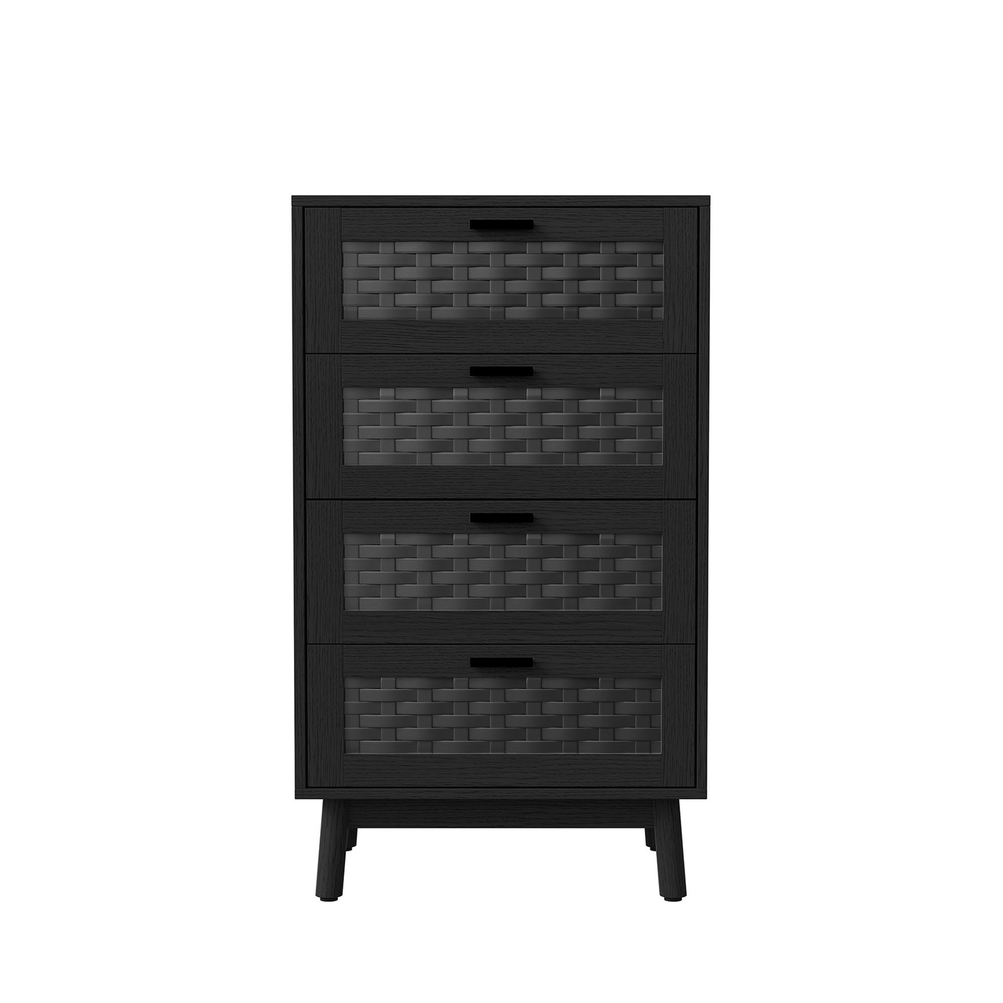 KOMMODE Japandi mit 4 Schubladen in Rattan-Optik 55/40/95 cm Schwarz - Schwarz, Holzwerkstoff (55/95/39.8cm) - Creahappy