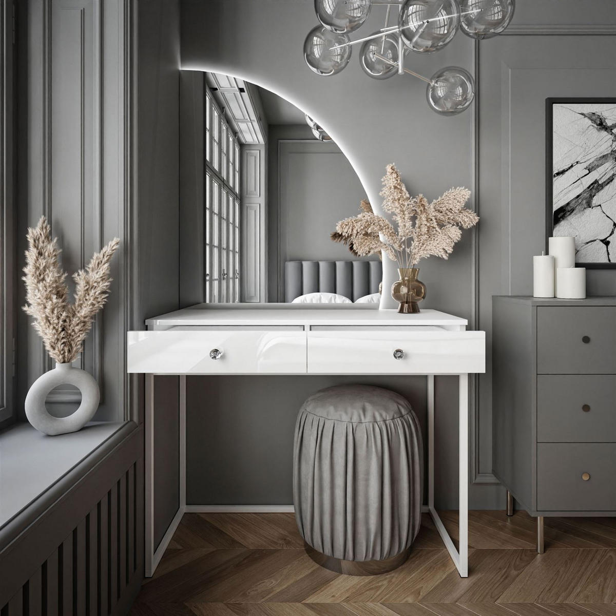 SCHMINKTISCH weiß QUINNIE mit LED-Spiegel rechts Griff Kristall - Weiß Hochglanz/Weiß, Holzwerkstoff (100/176/42cm) - Lookway