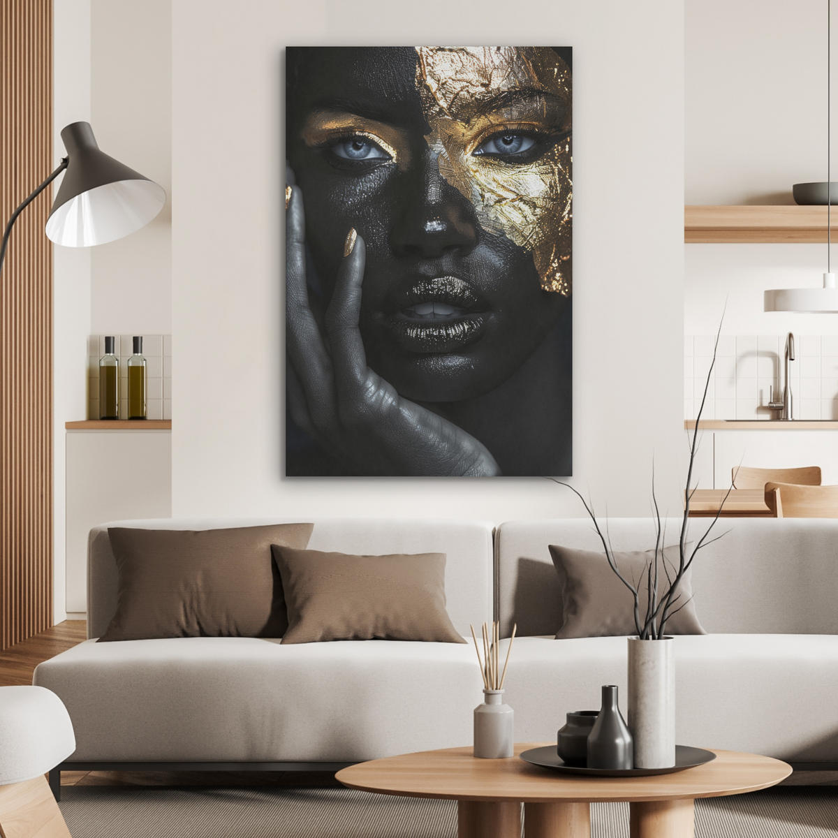 AKUSTIKBILD Frau - Gold - Porträt - Schwarz-Weiß - Luxus Wanddeko 60x90 cm - Hellblau, Kunststoff (60/90/0.9cm) - MuchoWow