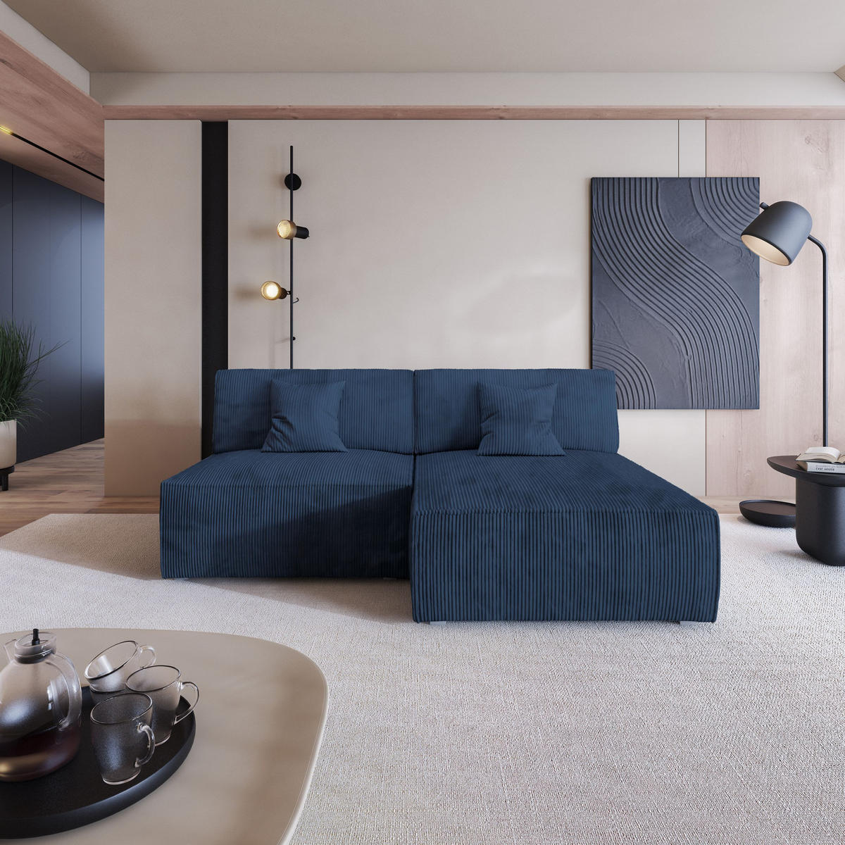 ROHOVÁ SEDAČKA FIORO modrá - šedá/modrá, dřevo/textil (204/148cm) - MASSENO