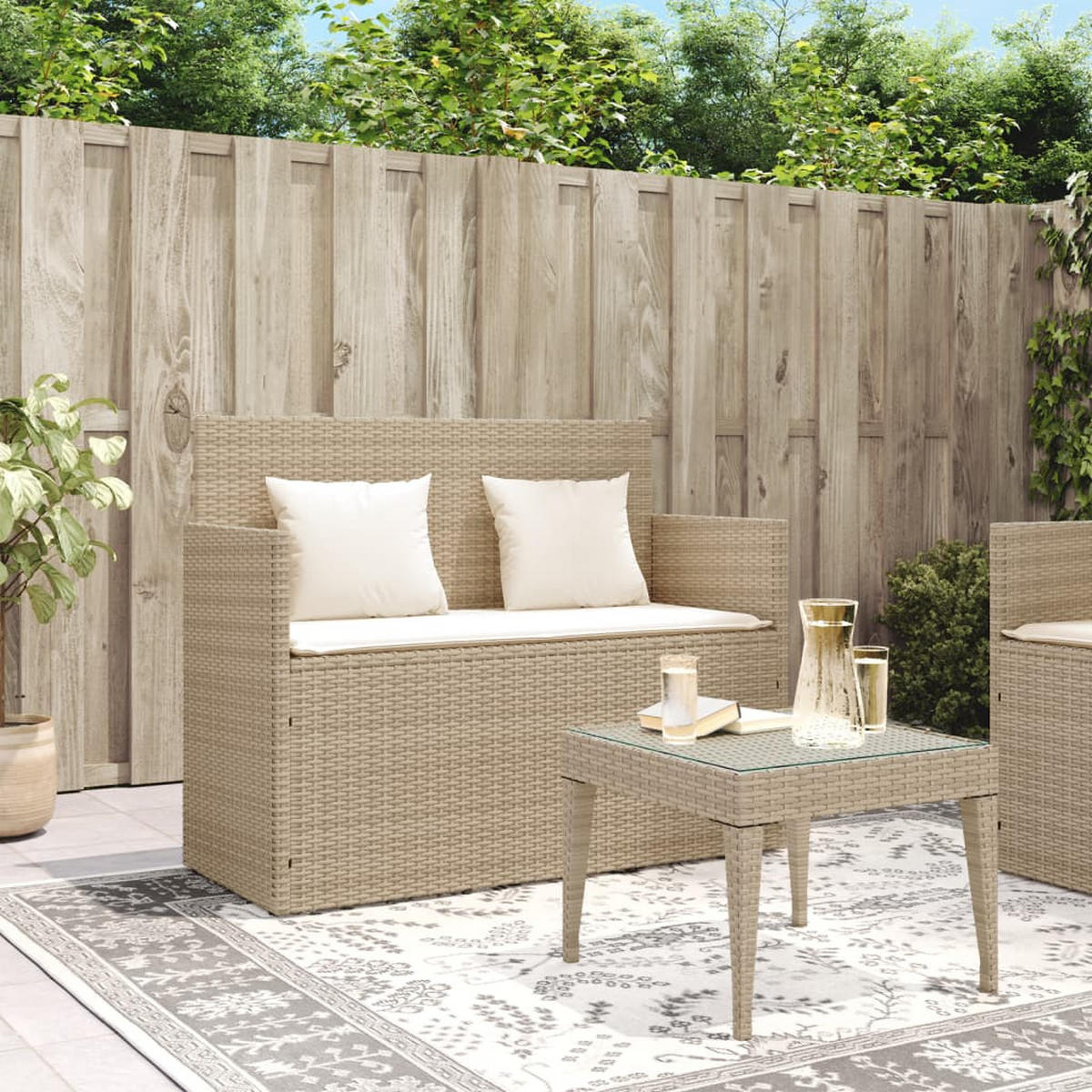 GARTENBANK mit Kissen Beige Poly Rattan - Beige, Kunststoff (120/90.5/50cm) - furnicato