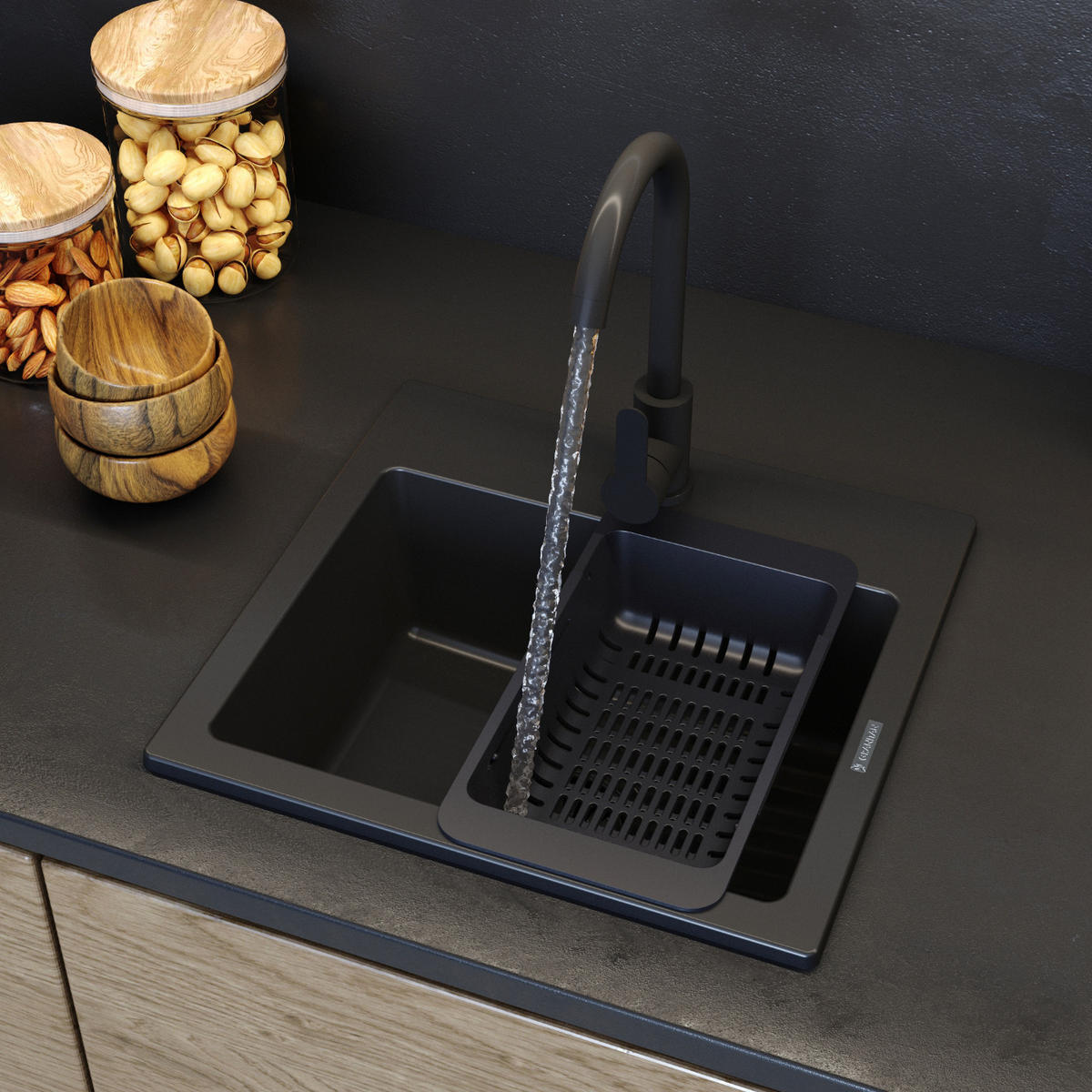 GRANITSPÜLE Teor mit Batterie Siphon - Schwarz, Kunststoff/Stein (42/17/46cm) - Granitan