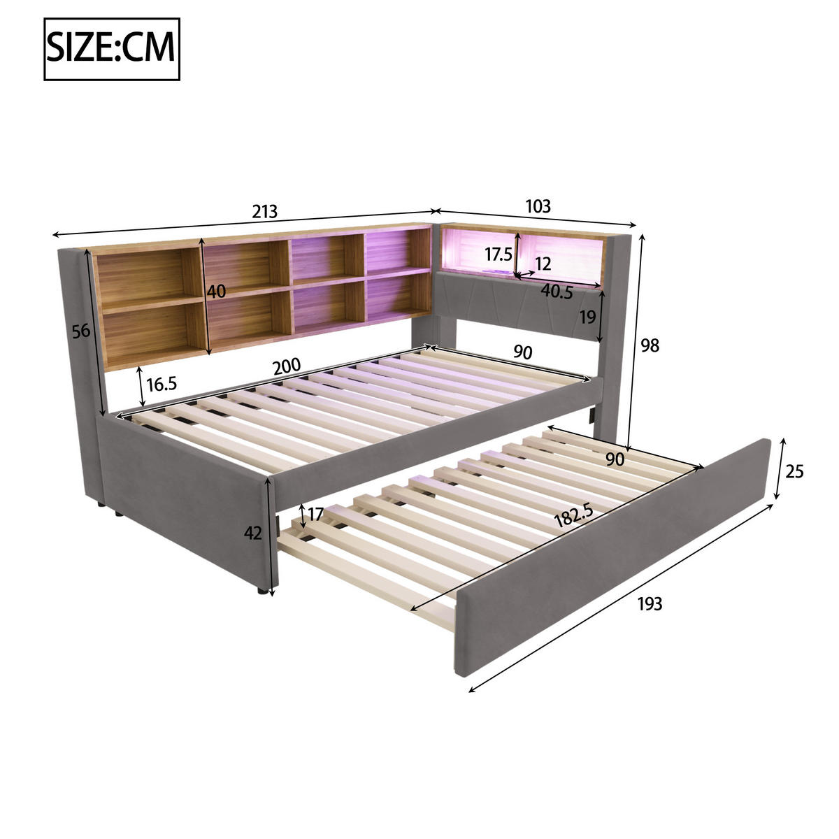 AUSZIEHBETT 90/200 cm und LED-Beleuchtung Dunkelgrau Flanell - Dunkelgrau, Textil (90/200cm) - OKWISH