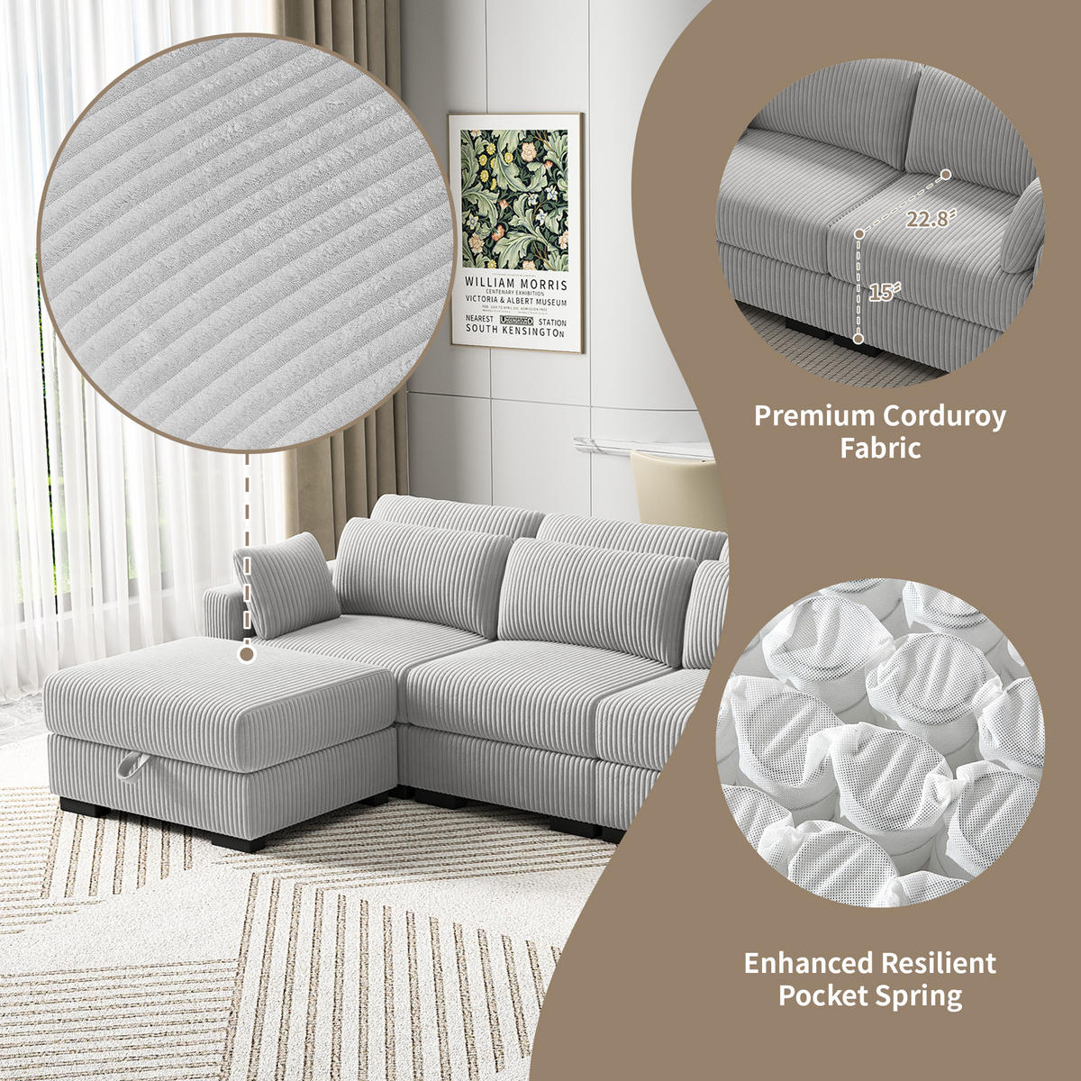 SOFA Modern Mit Streifenmuster Grau 180x87x85 Cm Komfortabel & Robust - Grau, Holz (87/85/180cm)