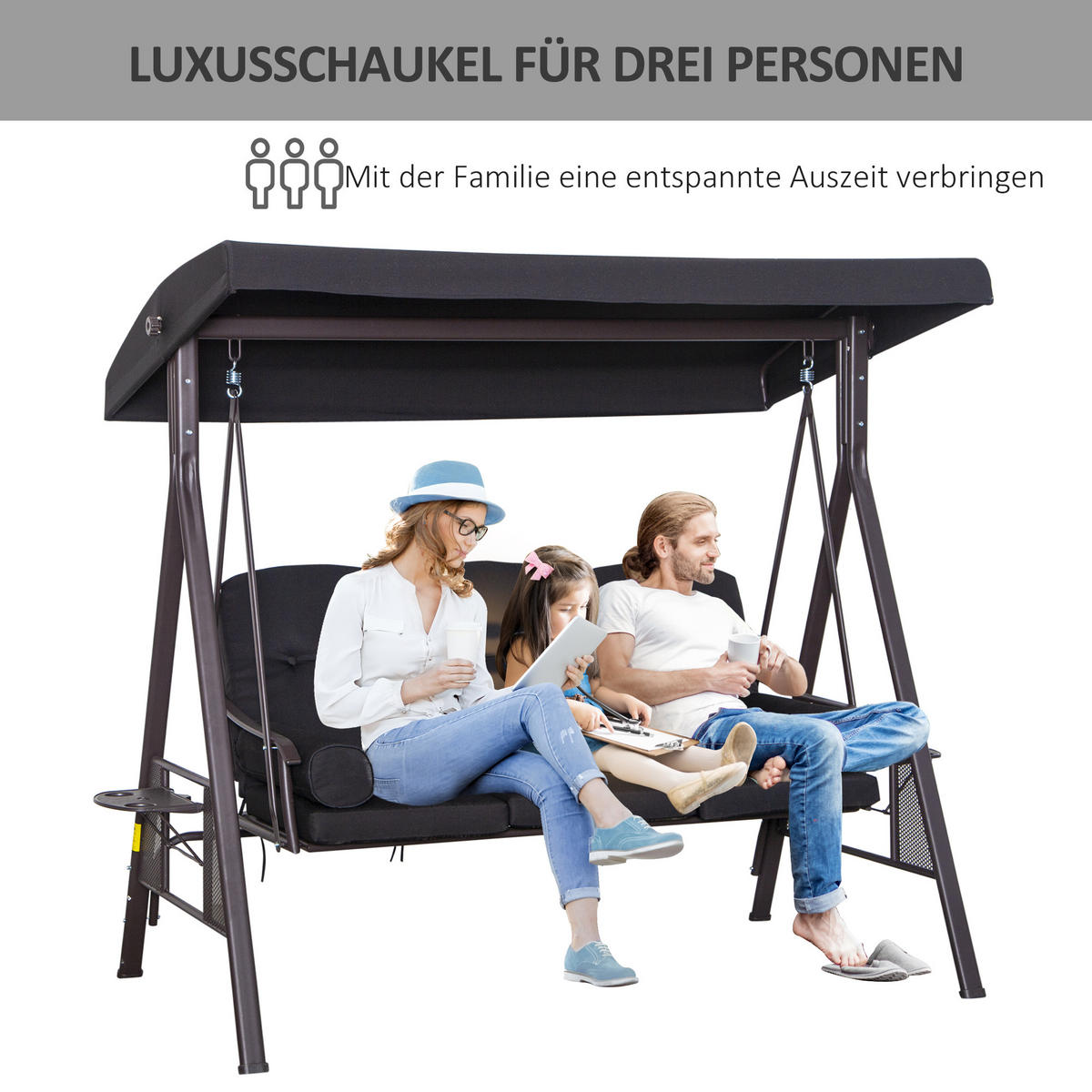 HOLLYWOODSCHAUKEL DE-07013 neigbares Dach, Metallrahmen Schwarz - Schwarz, Metall (206/183/116cm) - ComfortXL