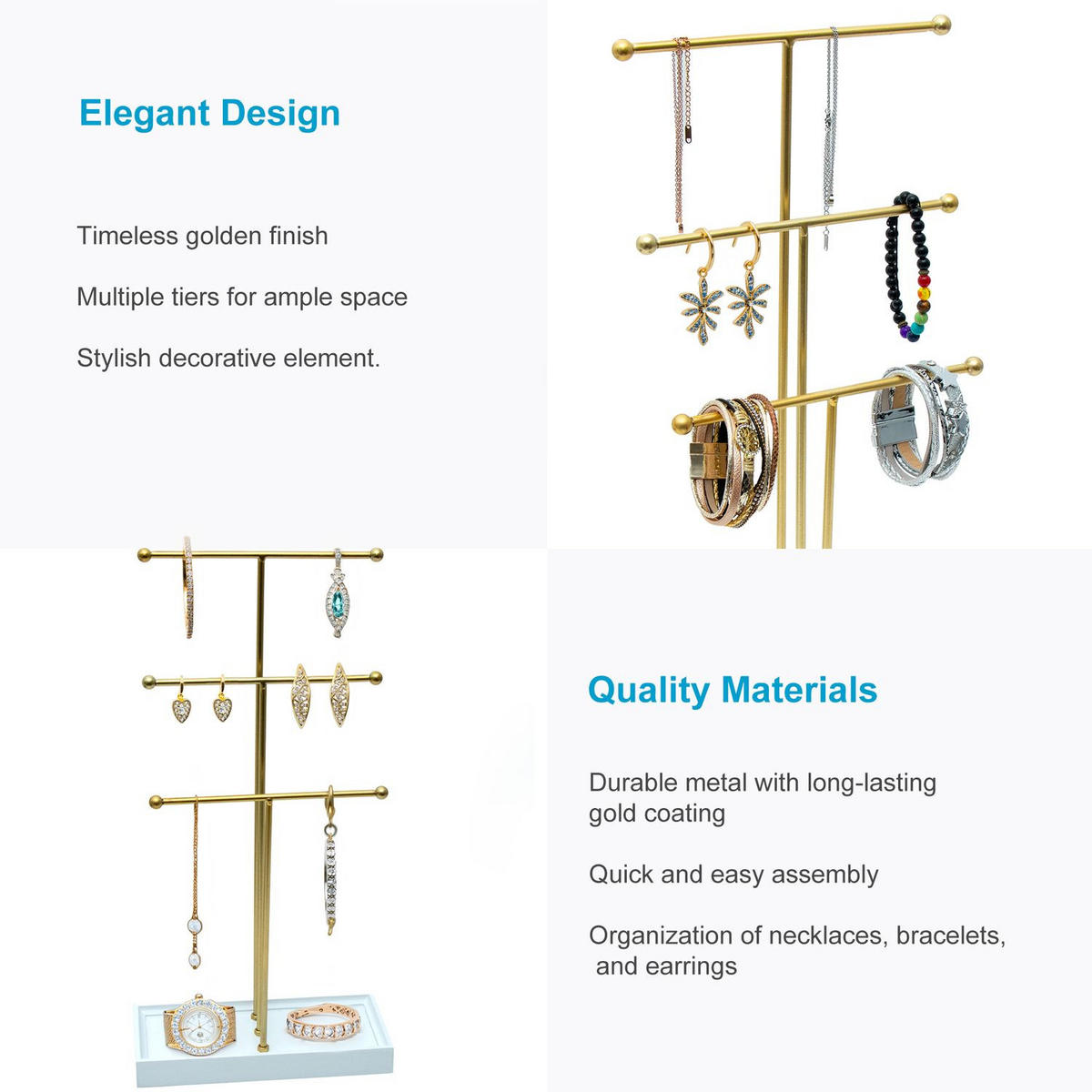 SCHMUCKSTÄNDER mit 3 Ebenen - Goldfarben, Metall (11/47/24cm) - Intirilife