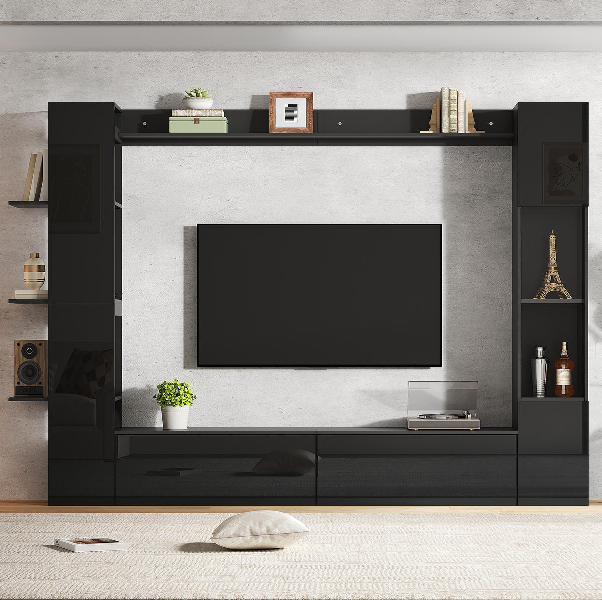 WOHNWAND mit TV-Schrank 245 x 30 x 170 cm 4-tlg. - Schwarz, Holzwerkstoff (30/170/245cm) - Beauniv