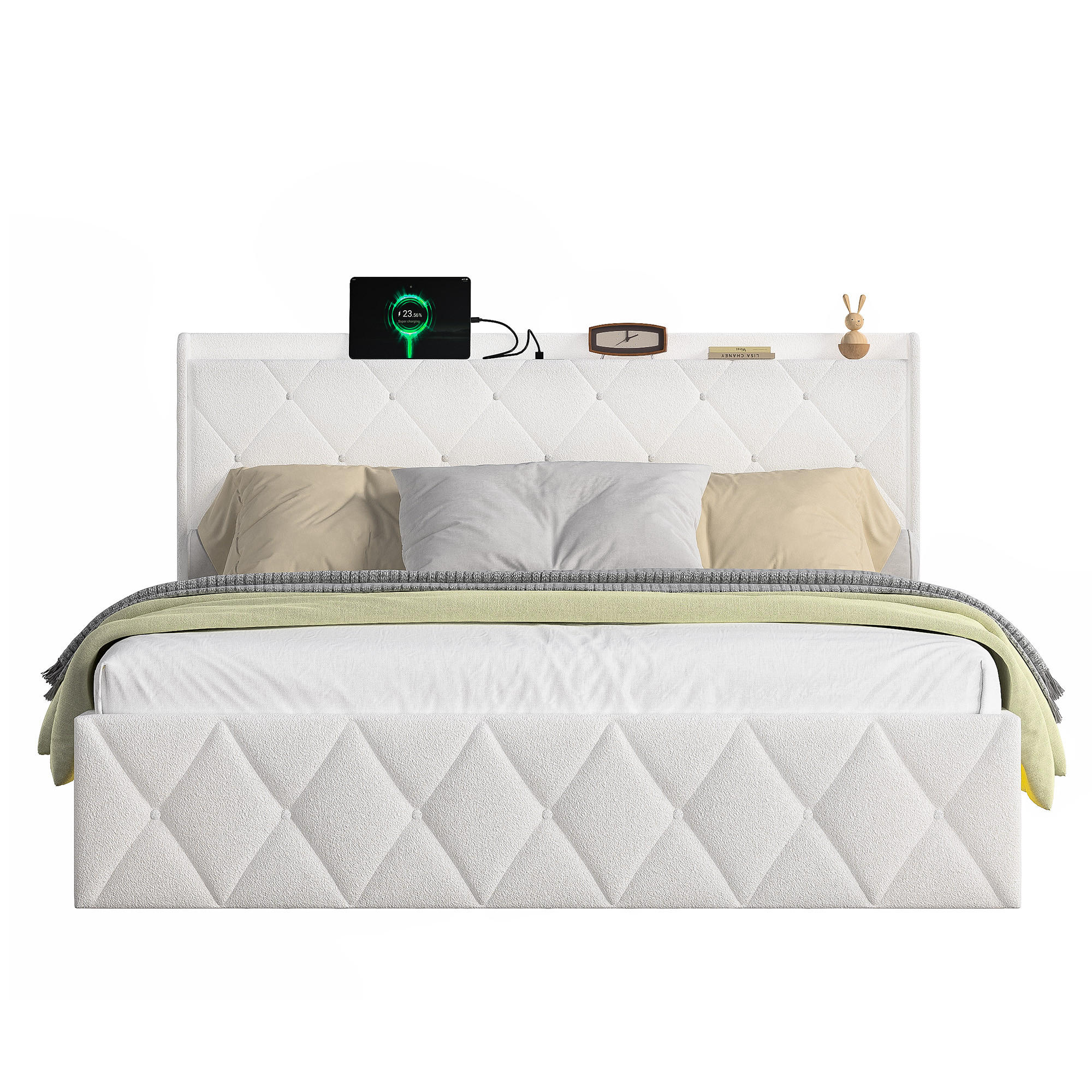POLSTERBETT 140/200 cm Beige mit 6 Ablagefächer, USB-Ladefunktion und LED-Lichtleisten - Weiß, Textil (140/200cm) - Oxeza