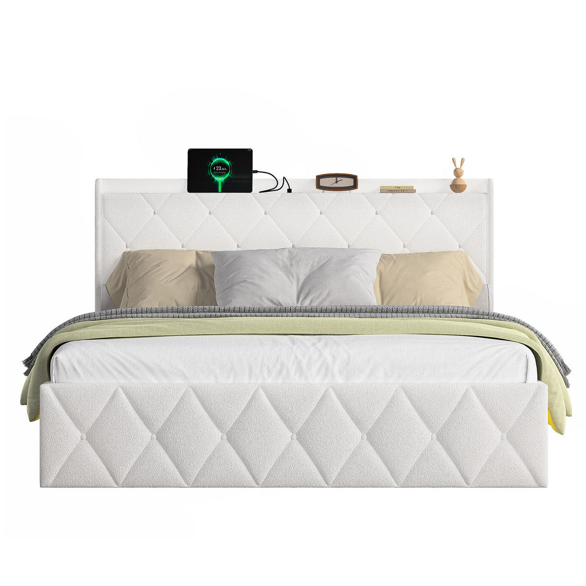 POLSTERBETT 160/200 cm Beige mit 6 Ablagefächer, USB-Ladefunktion und LED-Lichtleisten - Weiß, Textil (160/200cm) - Oxeza