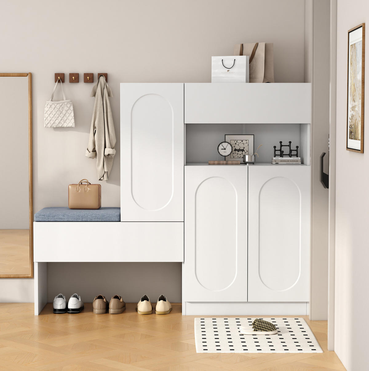SCHUHSCHRANK 130/110/35 cm Weiß aus Spanplatte mit Sitzbank - Weiß, Holzwerkstoff (130/110/35cm) - OKMYHOME