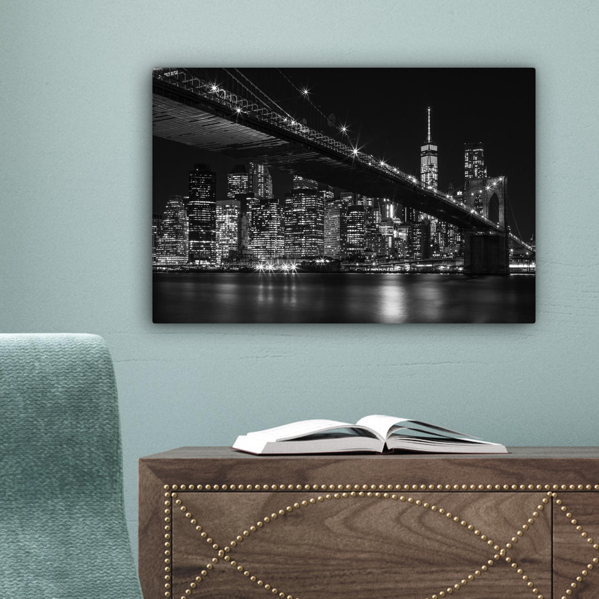 LEINWANDBILD New York - Brooklyn - Brücke Deko Schlafzimmer 30x20 cm - Schwarz, Textil (30/20cm) - MuchoWow