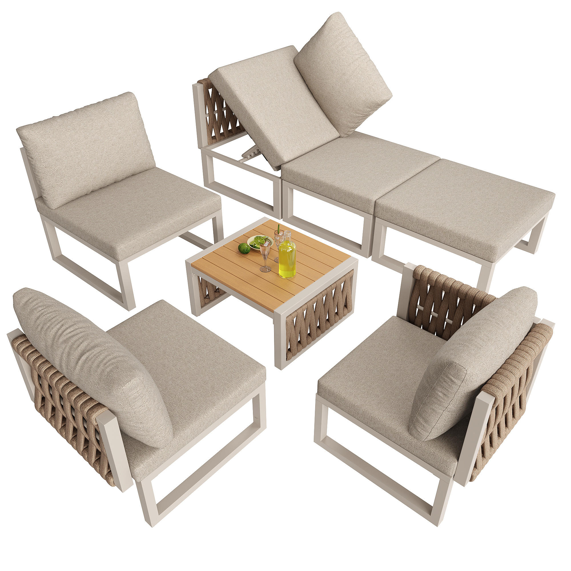 GARTENMÖBEL Set für 6 Personen mit Sitzkissen Loungesessel Doppelliege - Beige, Metall - FLIEKS