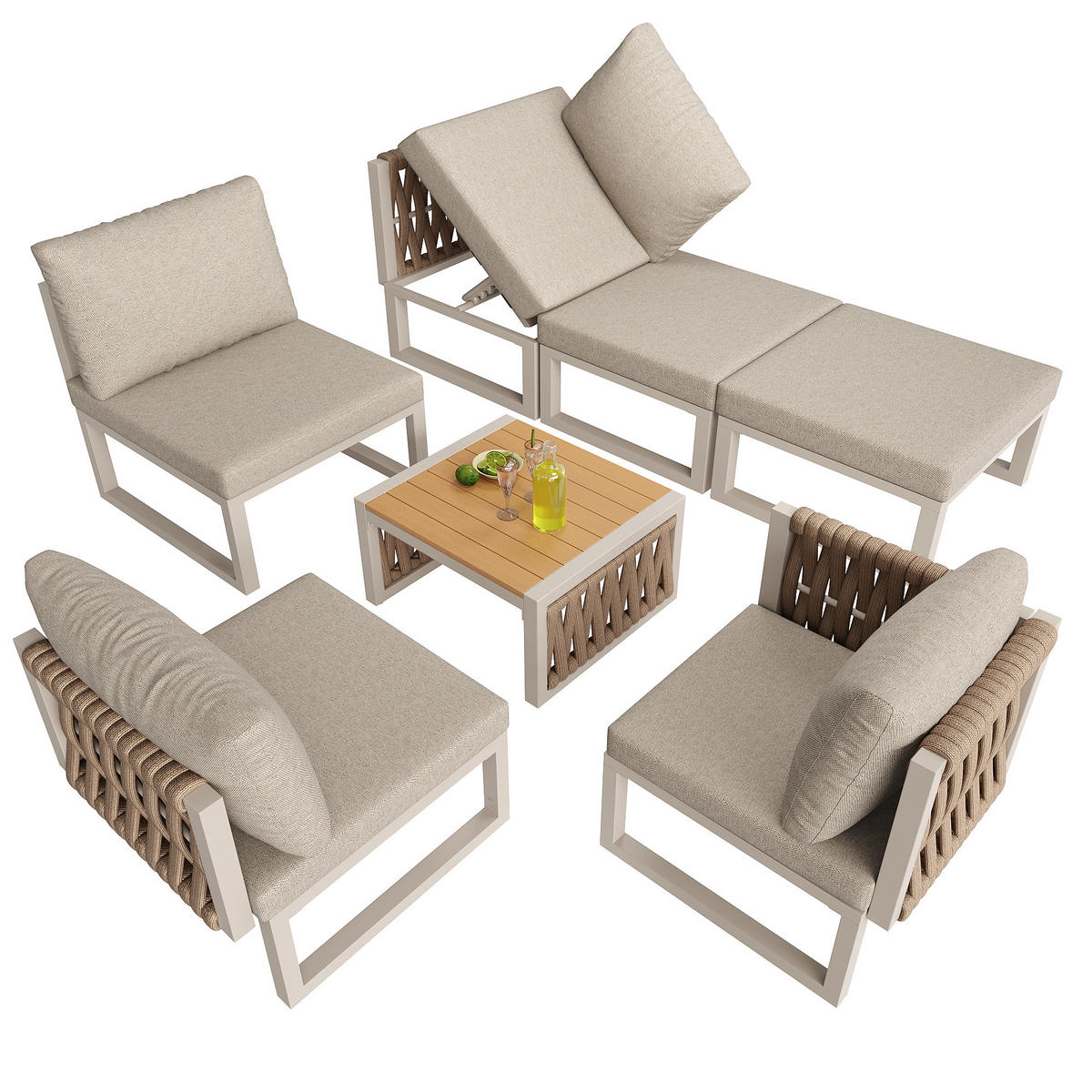 GARTENMÖBEL Set für 6 Personen mit Sitzkissen Loungesessel Doppelliege - Beige, Metall - FLIEKS