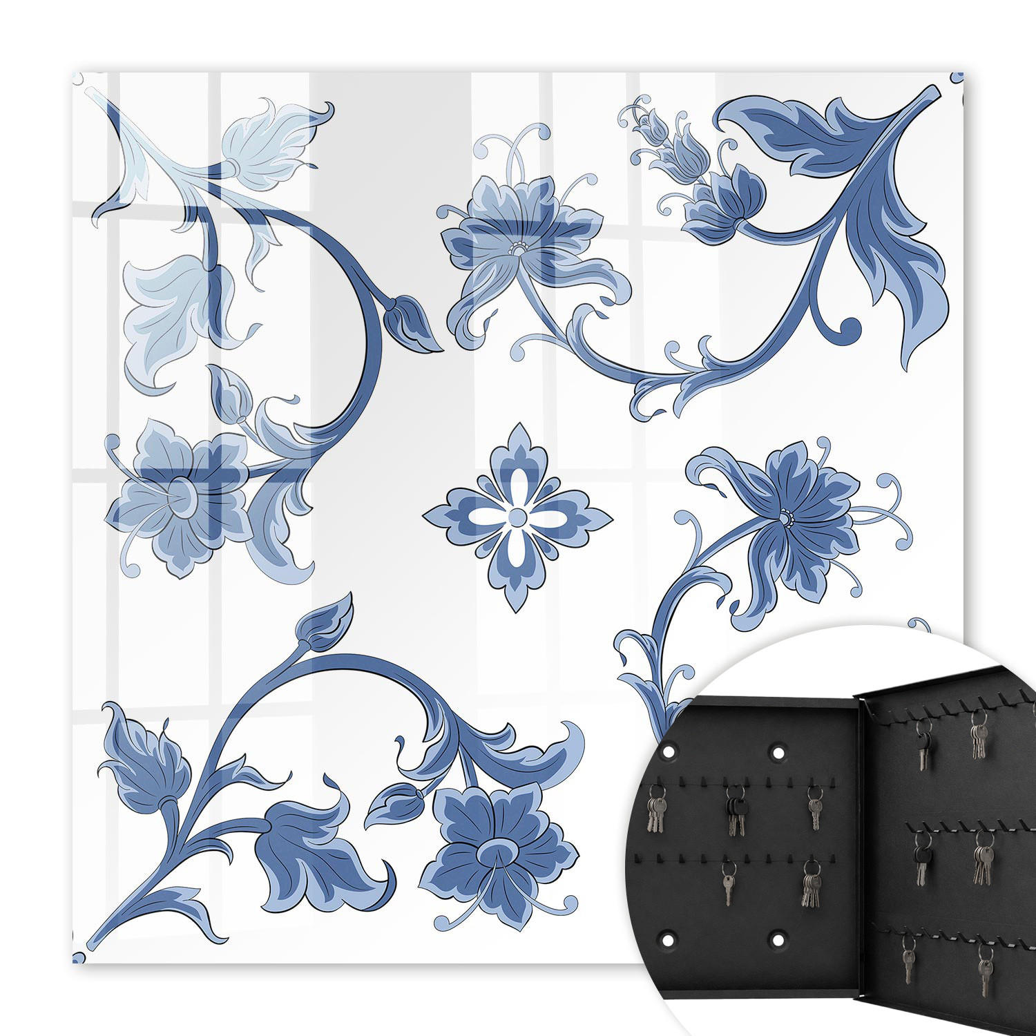 SCHLÜSSELBOX Schwarz 30x30 cm- Türöffnung nach rechts - Blumenmuster - Blau, Metall (30/30/5cm) - TULUP