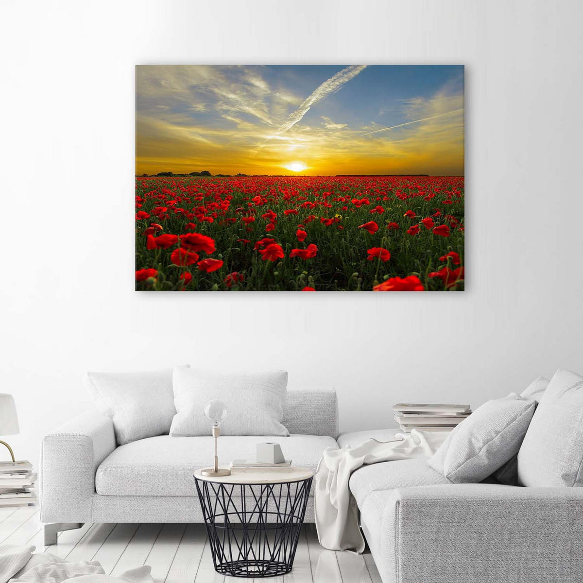 LEINWANDBILD Wiese voller roter Mohnblumen in der Sonne - Multicolor, Textil (60/40cm) - Feeby