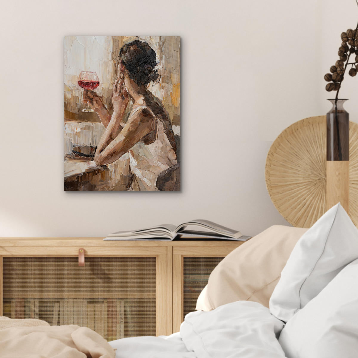 KOVOVÝ OBRAZ Olejomaľba - Žena - Víno 30x40 cm - svetlohnedá, kov (30/40cm) - MuchoWow