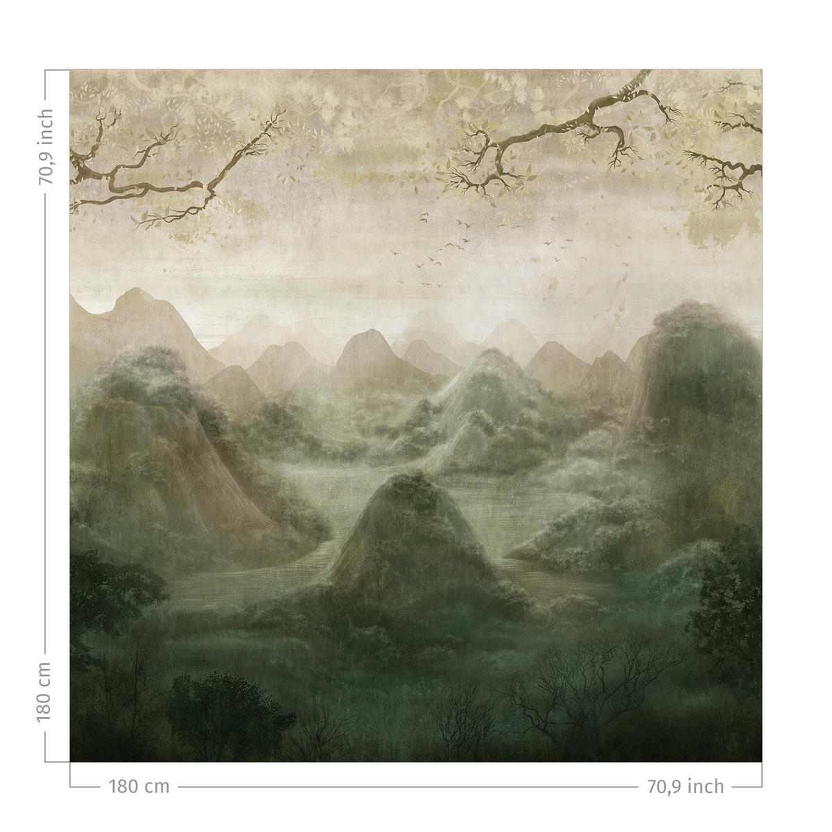 DUSCHVORHANG Blick durch Zweige auf die Berge grün 180/180 cm - Grün, Textil (180/180cm) - Bilderwelten