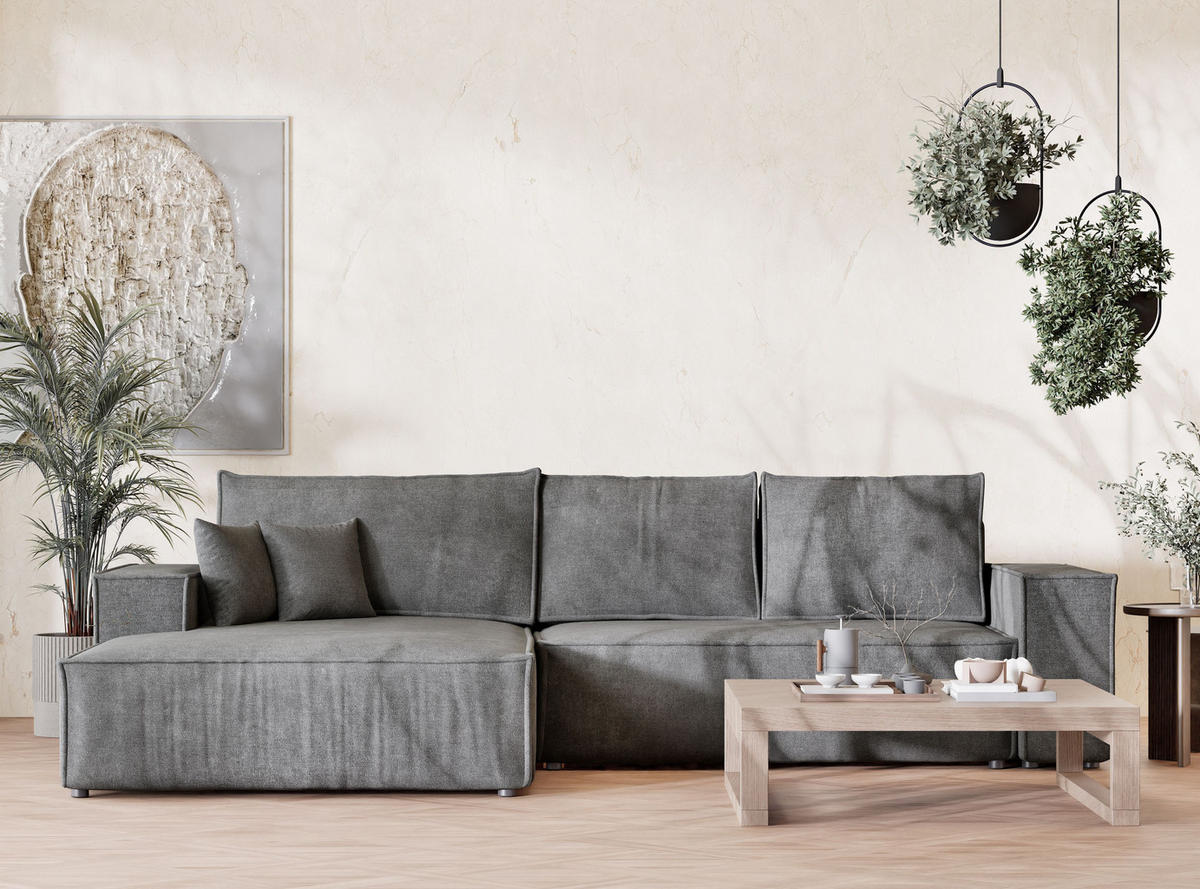 ECKSOFA Maze Grau Chenille-Stoff - Rechts Seite - Schwarz/Grau, Holz/Holzwerkstoff (185/294cm) - Maison de Reve