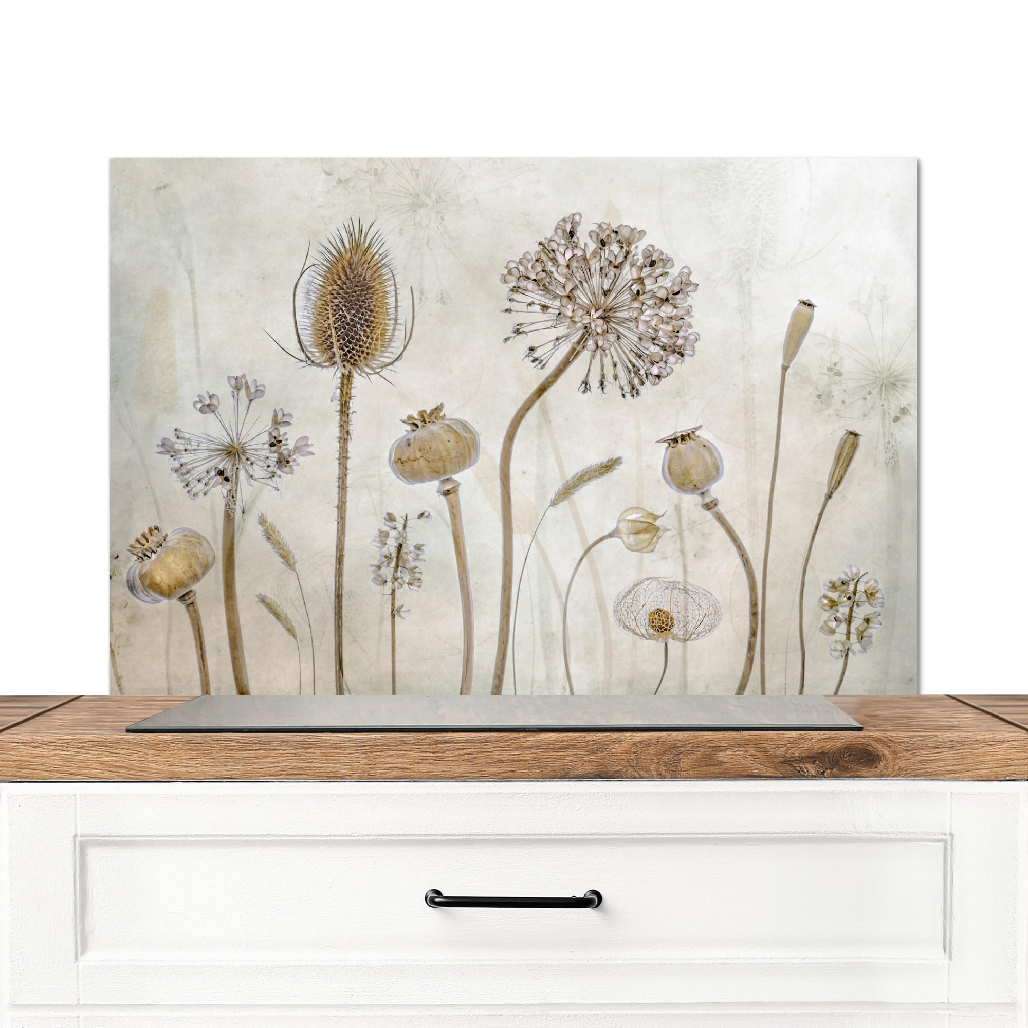 MuchoWow KUCHYŇSKÁ ZÁSTĚNA Květiny - Akvarel - Zátiší - Hnědá - Vintage 80x55 cm