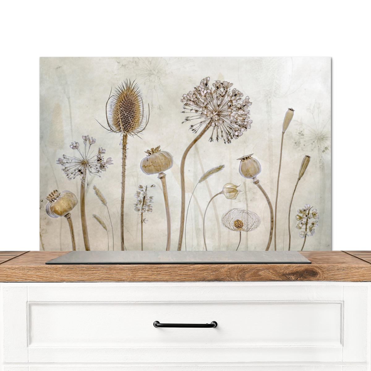 SPRITZSCHUTZ KÜCHE Blumen - Aquarell - Stilleben - Braun - Vintage 80x55 cm - Sandfarben, Metall (80/0.3/55cm) - MuchoWow