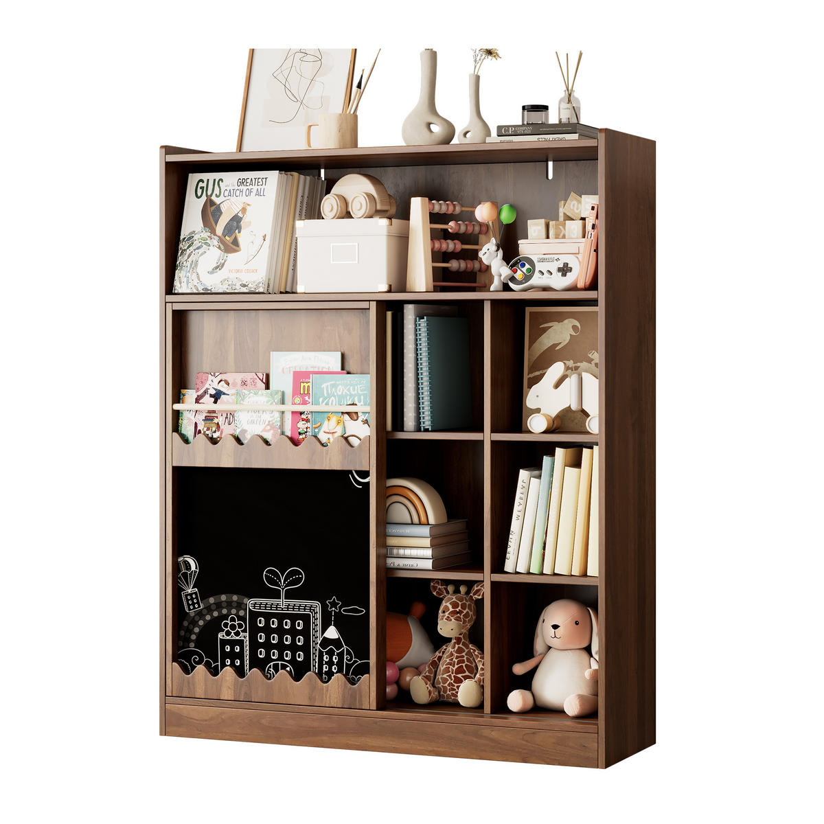 BÜCHERREGAL 120x38.5x151.5cm Nussbaum mit Tafel Schiebetüren 9 Fächer - Walnussfarben, Holz (38.5/151.5/120cm) - FLIEKS