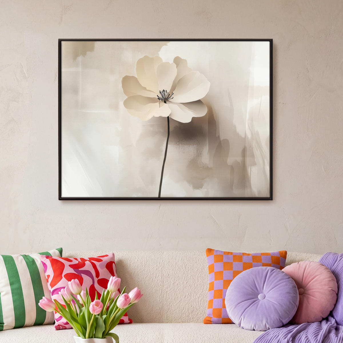 LEINWAND Bilder mit Rahmen - Blume - Beige - Farbe - Schatten - 100x70 - Creme, Textil (100/70cm) - MuchoWow