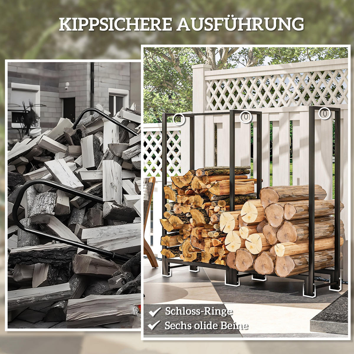 KAMINHOLZREGAL bis 200 kg - Schwarz, Metall (32/115/123cm) - Outsunny