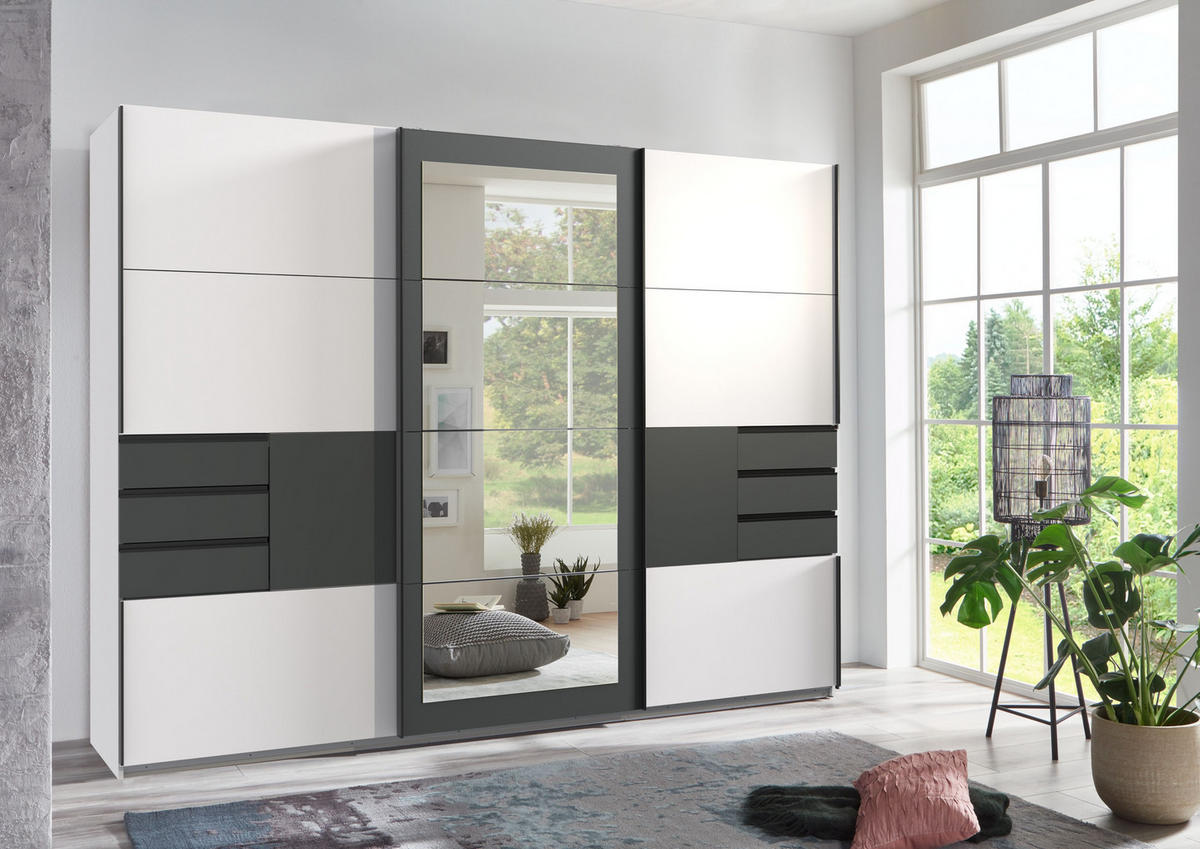 SCHWEBETÜRENSCHRANK 3-türig mit Spiegel, Schubladen, Vollausstattung in Weiß mit Absetzungen in Grafit, B270/H208/64 cm / 22502 - Schwarz/Weiß, Holzwerkstoff/Metall (270/208/64cm) - luma-home