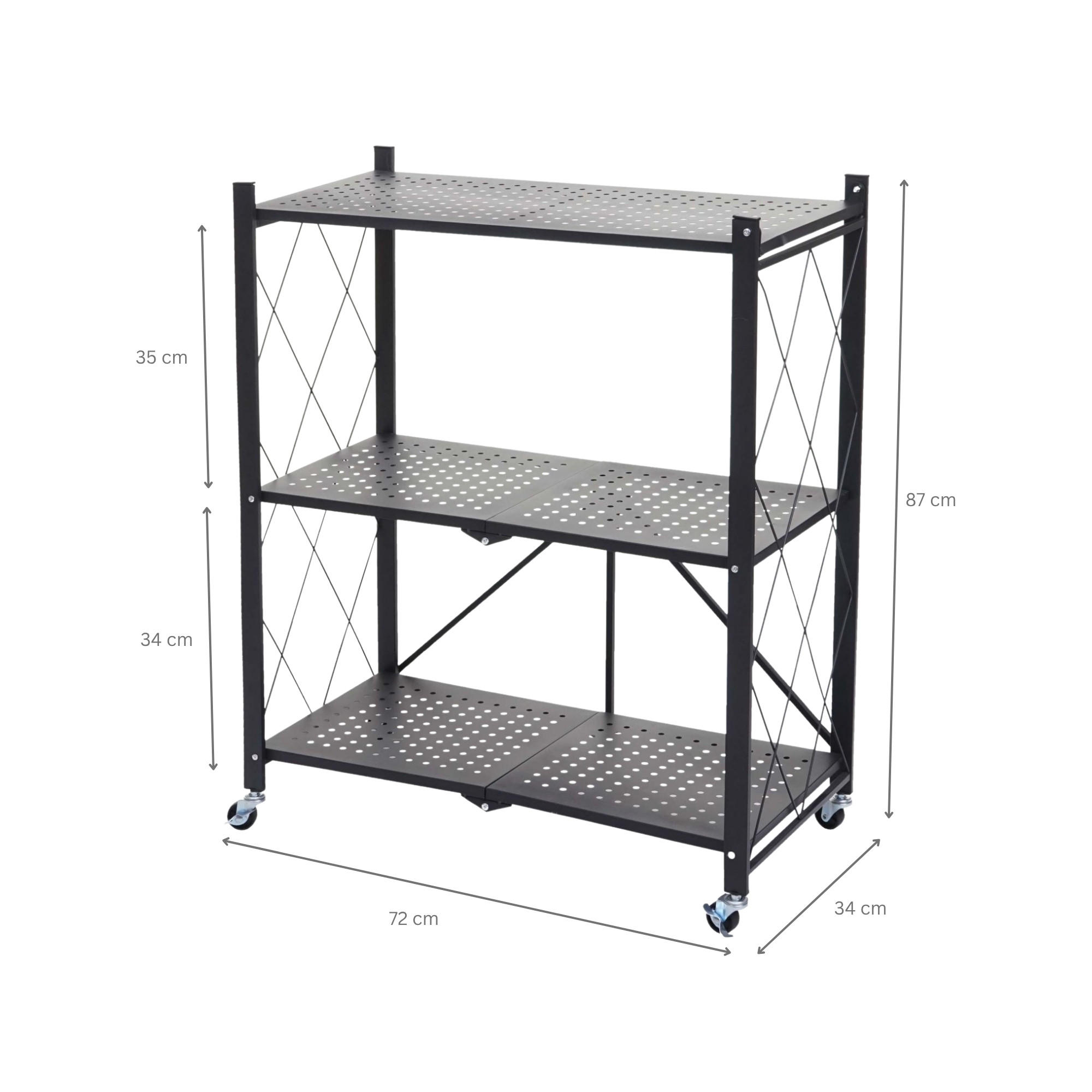 KLAPPREGAL auf Rollen 3 Fachböden Belastbarkeit 150kg 87x72x34 cm Schwarz - Schwarz, Metall (72/87/34cm) - PROREGAL