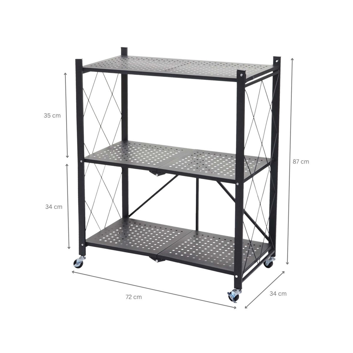 KLAPPREGAL auf Rollen 3 Fachböden Belastbarkeit 150kg 87x72x34 cm Schwarz - Schwarz, Metall (72/87/34cm) - PROREGAL