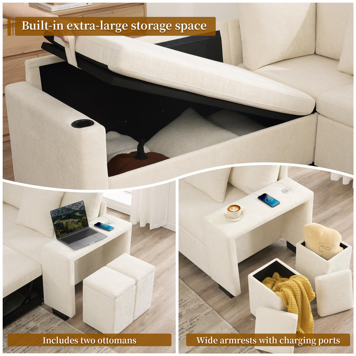 SCHLAFSOFA Beige L-Form USB Stauraum Getränkehalter Kissen - Beige, Textil (205/220cm) - FLIEKS